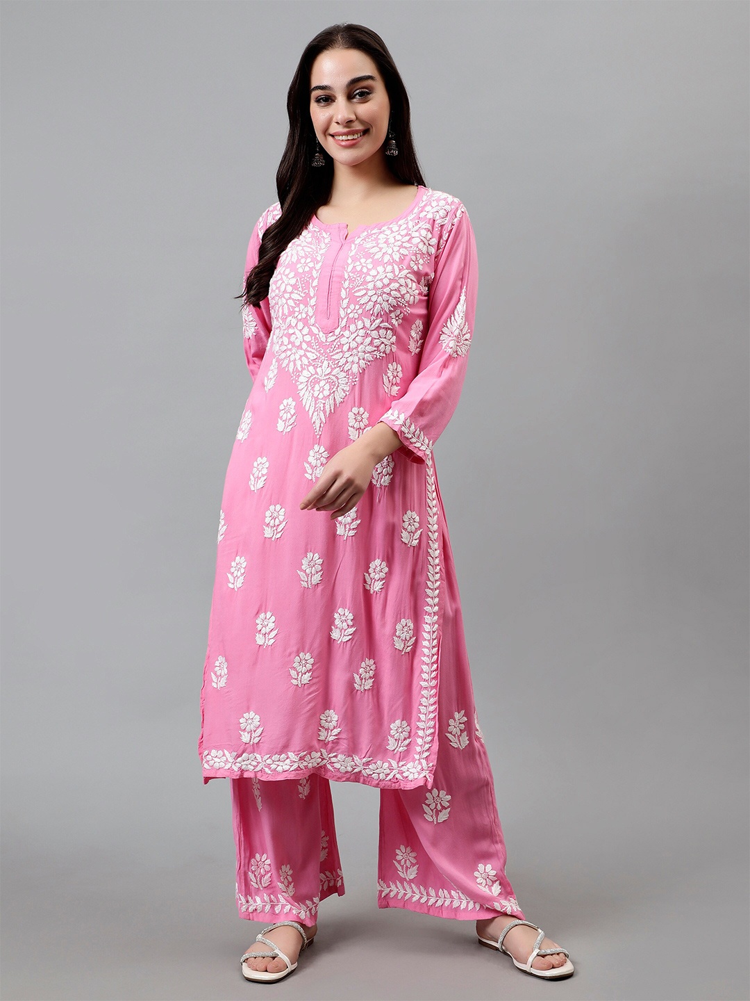 

Seva Chikan Ethnic Motifs Embroidered Chikankari Straight Kurta With Palazzo, Pink