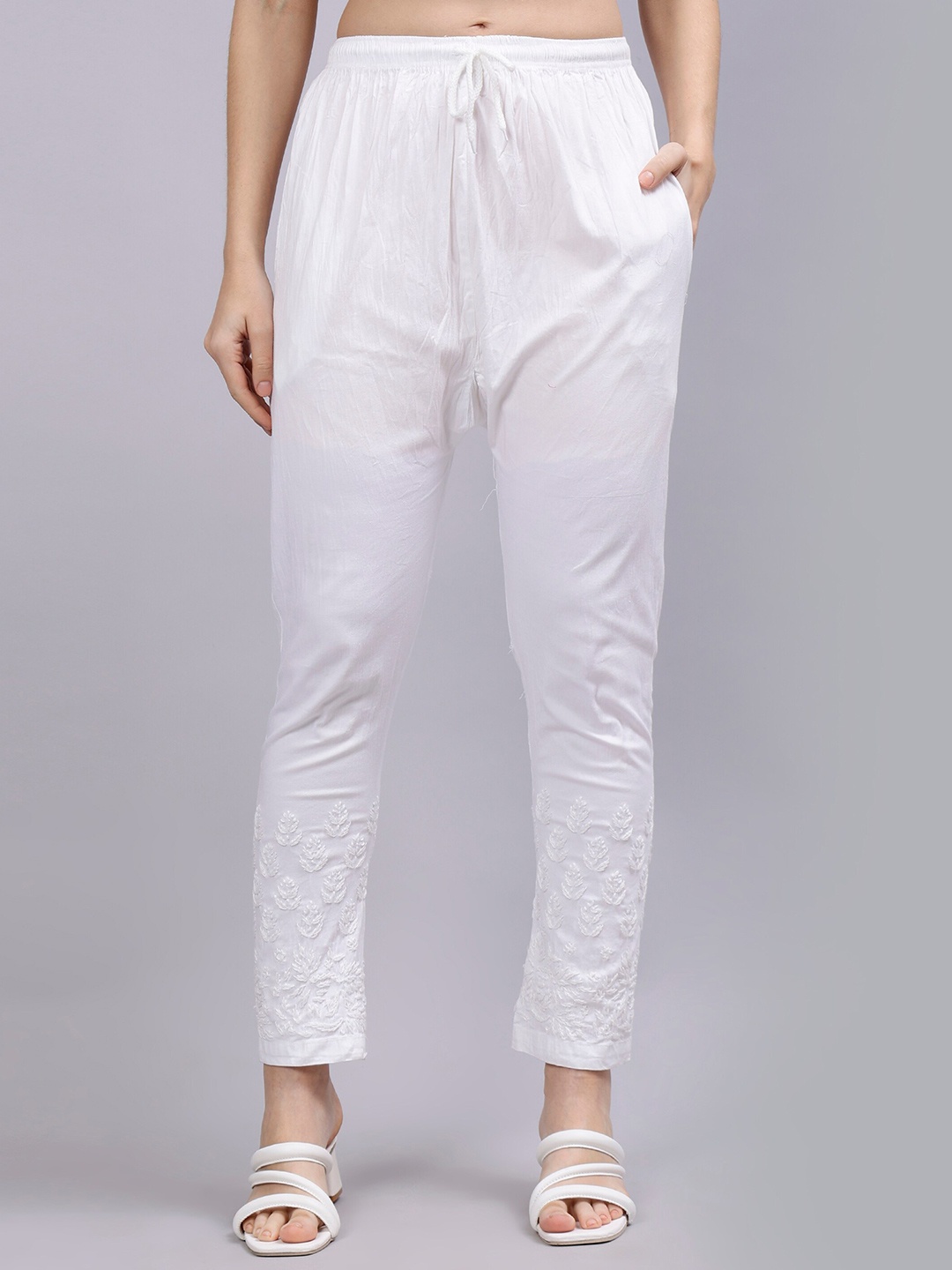

Seva Chikan Ethnic Motifs Embroidered Lucknowi Chikankari Palazzos, White