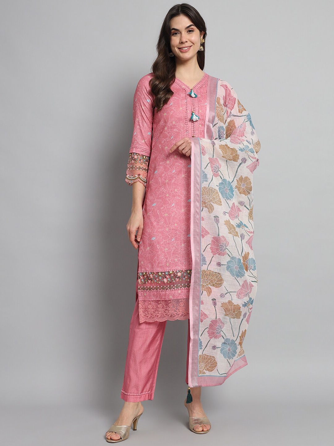 

JAPNAAM Floral Printed Regular Thread Work Linen Kurta with Trousers & Dupatta, Peach