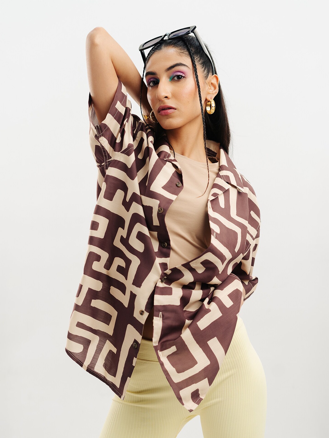 

FREAKINS Mocha Maze Printed Spread Collar Opaque Cotton Oversized Casual Shirt, Brown
