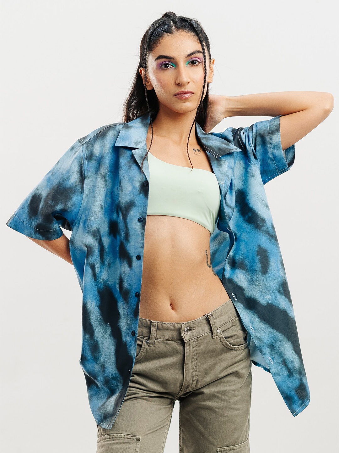 

FREAKINS Abstract Printed Spread Collar Oversized Shirt, Blue