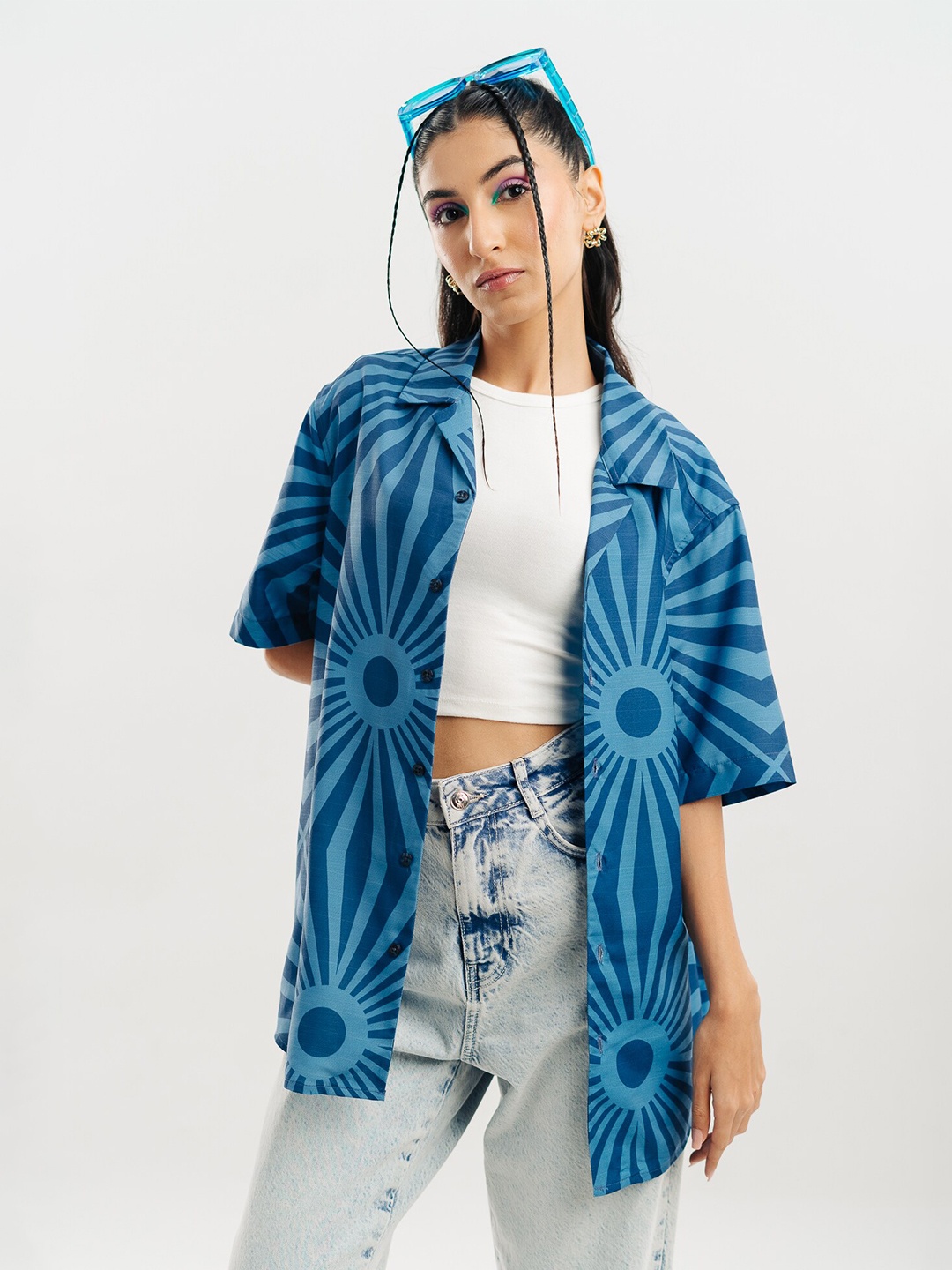 

FREAKINS Floral Printed Spread Collar Opaque Cotton Oversized Casual Shirt, Blue