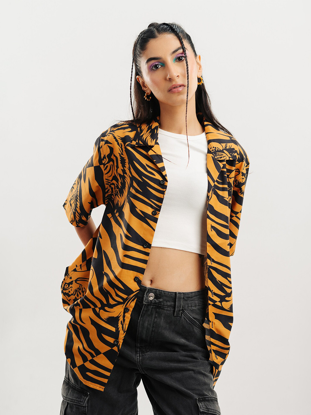 

FREAKINS Animal Printed Spread Collar Opaque Cotton Oversized Casual Shirt, Orange