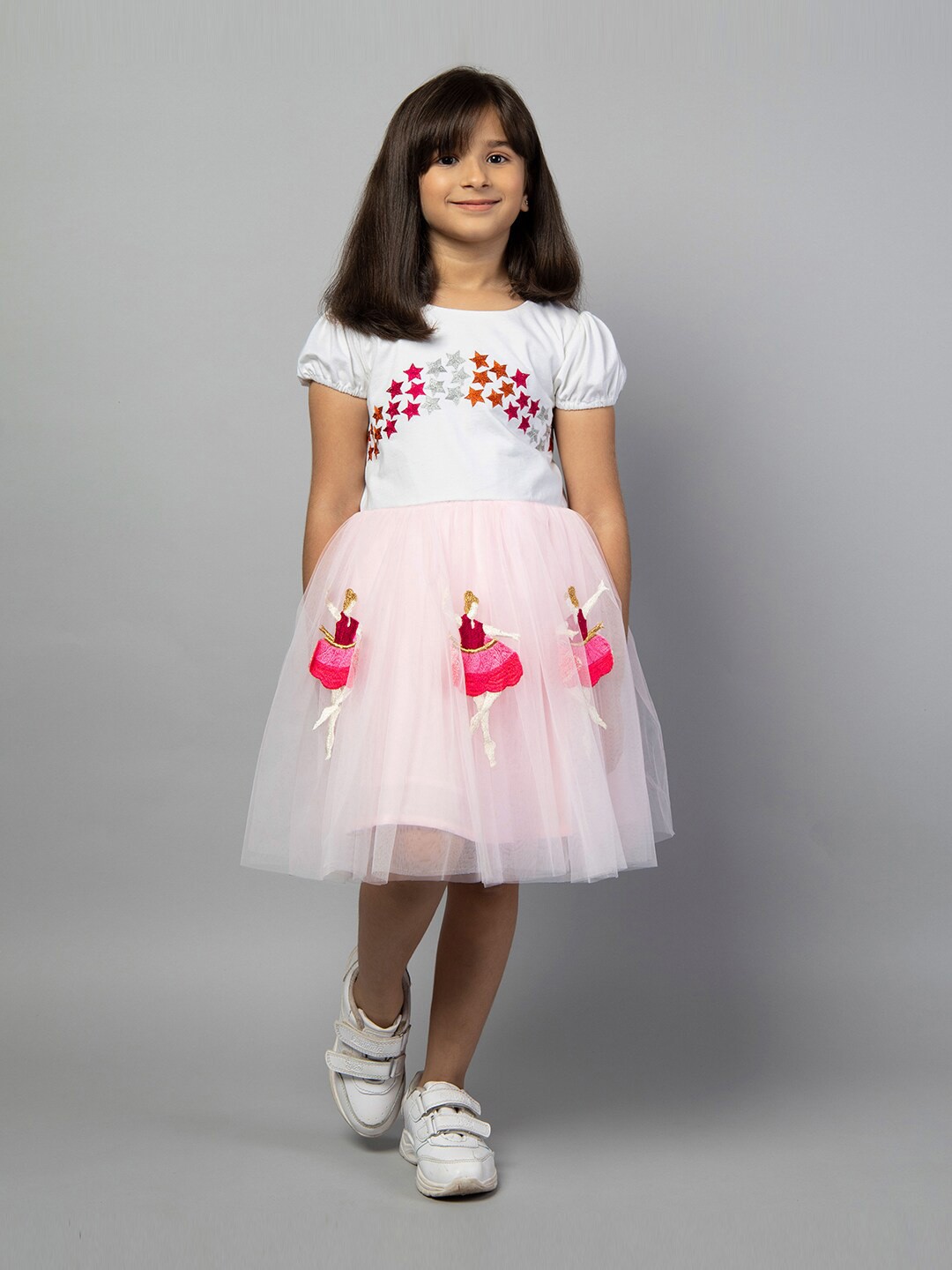 

ZIP ZAP ZOOP Girls Conversational Embroidered Puffed Sleeves Pure Cotton Fit & Flare Dress, Pink