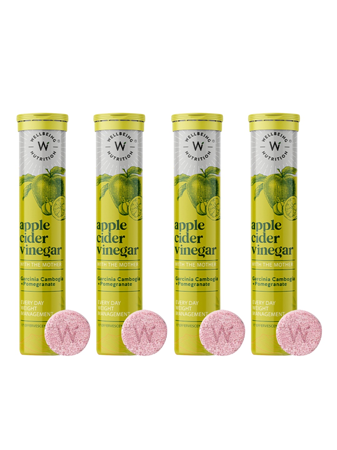 

Wellbeing Nutrition Set of 4 Apple Cider Vinegar with The Mother Tablets - 17 Tablets Each, Yellow