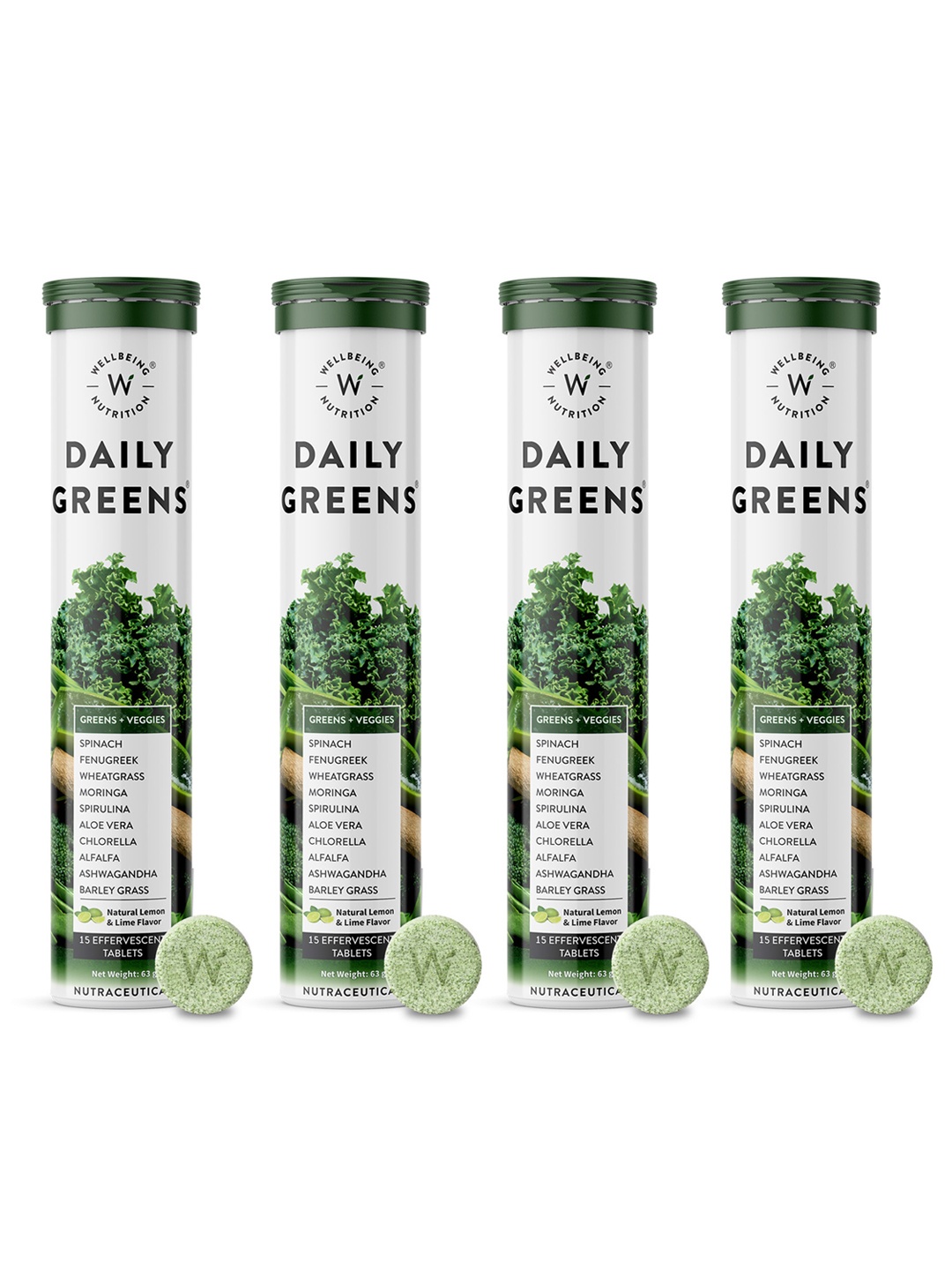 

Wellbeing Nutrition Set Of 4 Daily Greens Wholefood Effervescent Tablets - 15 Tablets Each, Green