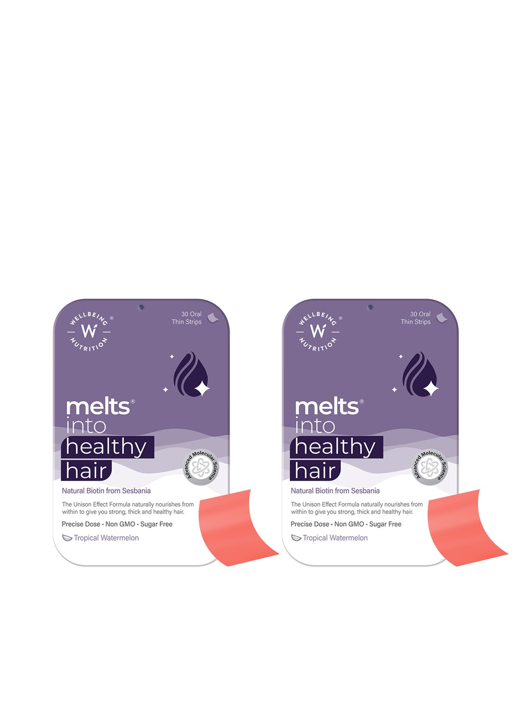 

Wellbeing Nutrition Set of 2 Watermelon Melts Into Healthy Hair Oral Strips - 30 Pcs Each, Purple