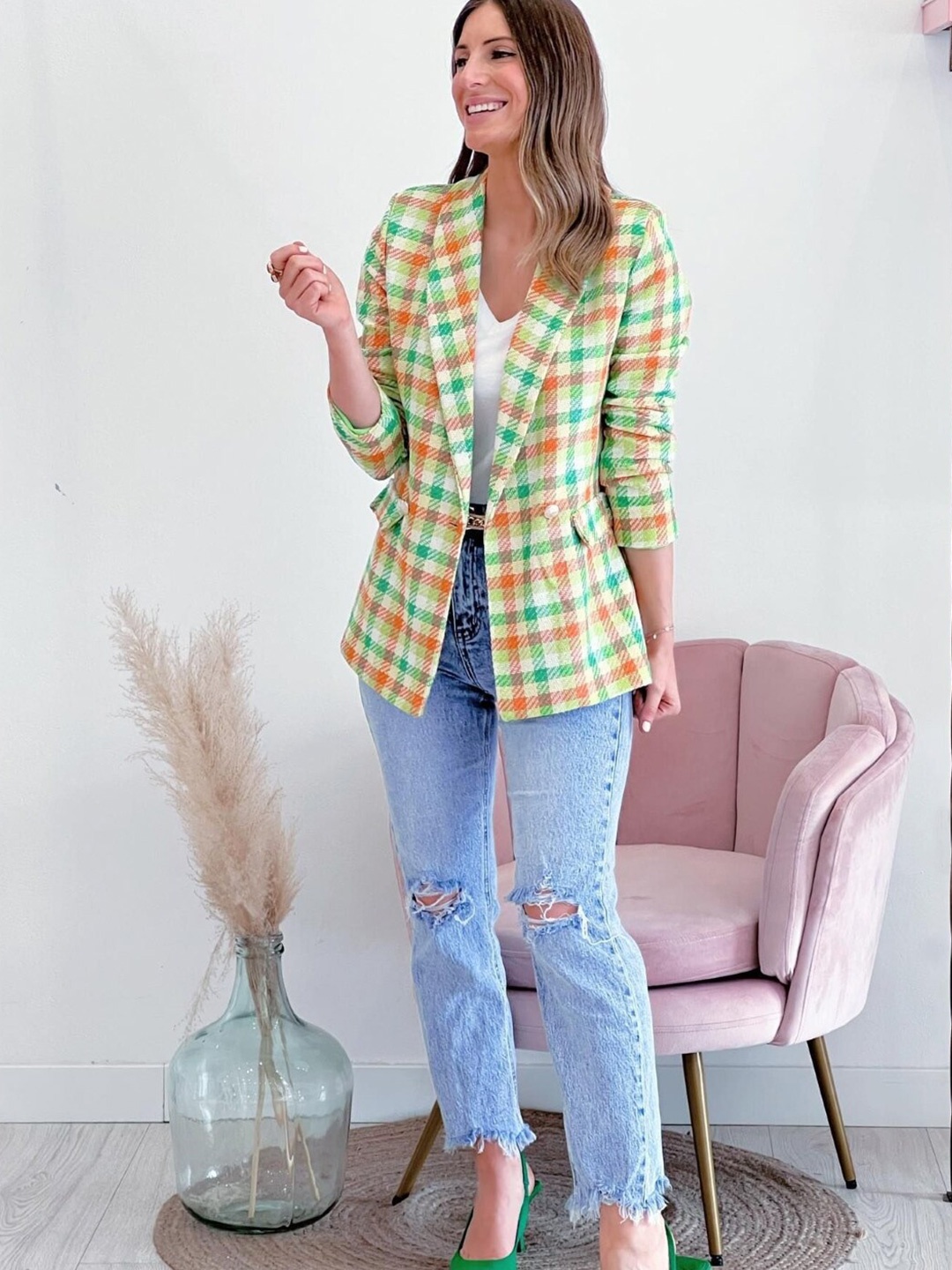 

StyleCast Yellow Checked Notched Lapel Single Breasted Blazer