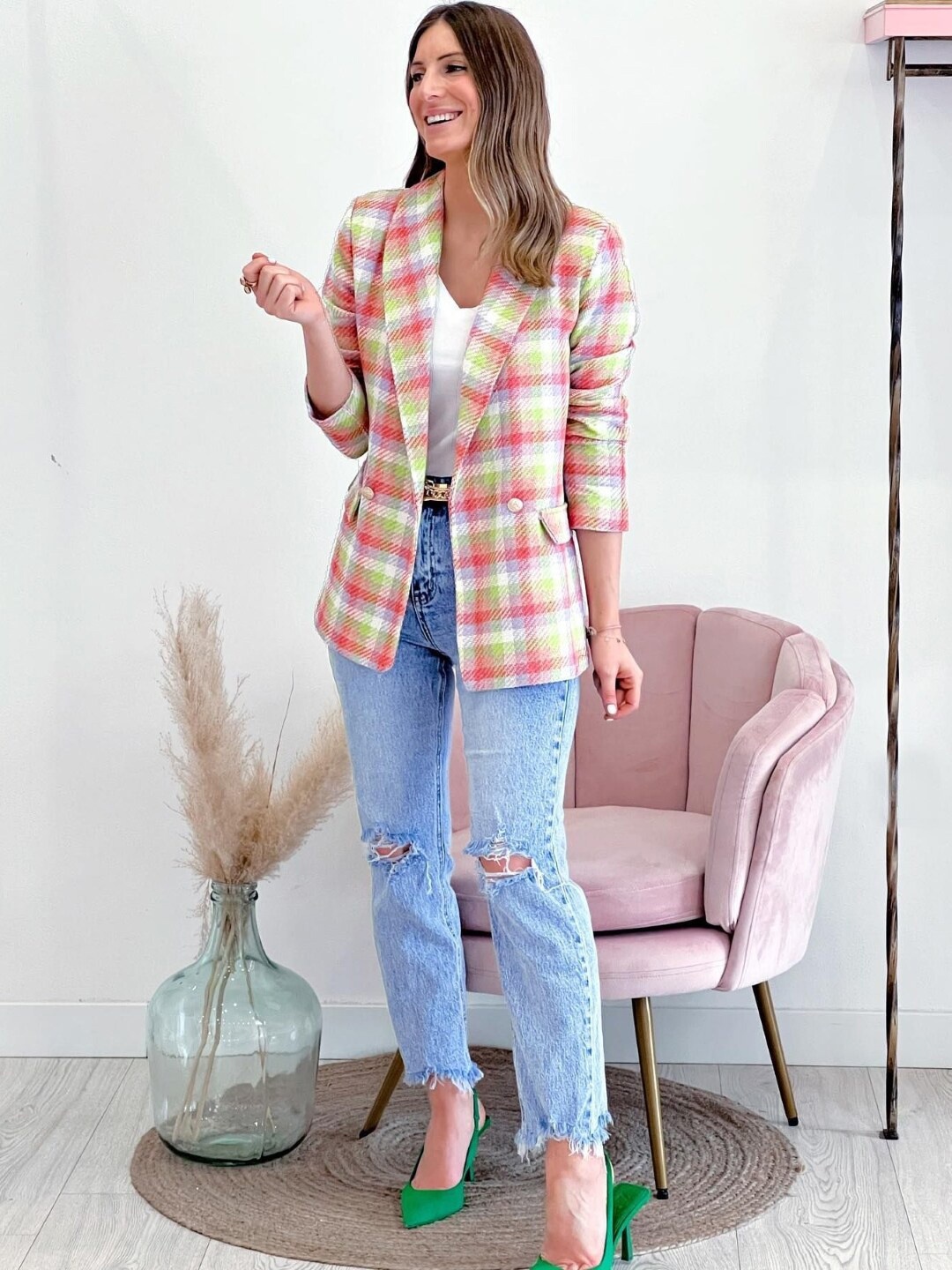 StyleCast Pink Checked Longline Tailored Jacket