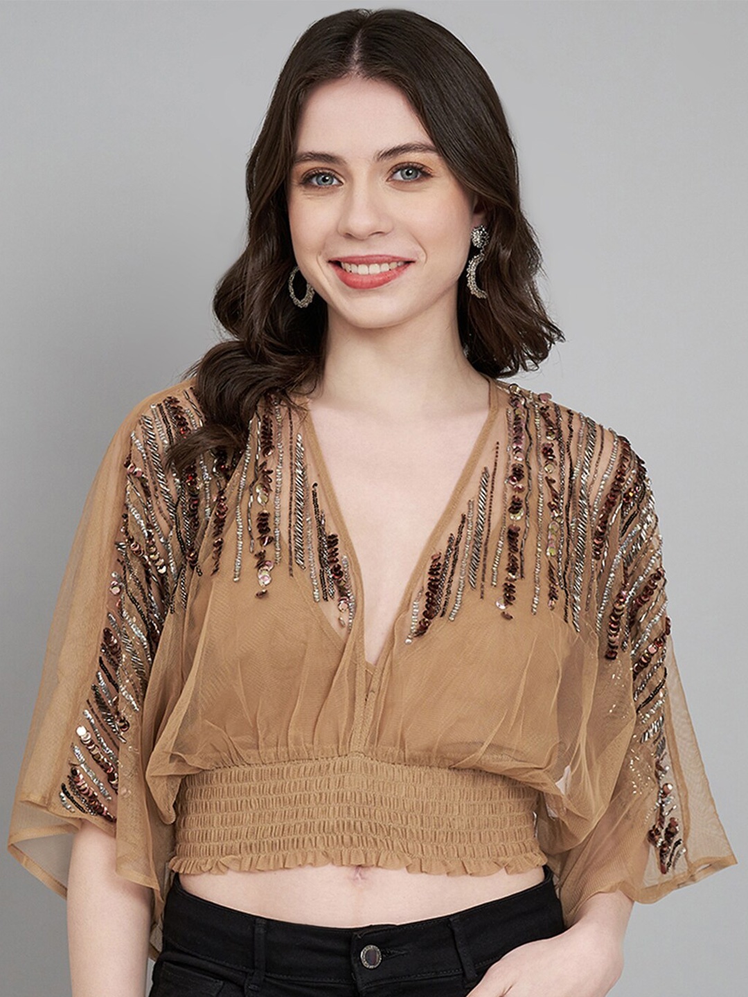 

Amagyaa Embellished V-Neck Kimono Sleeve Smocked Blouson Crop Top, Beige