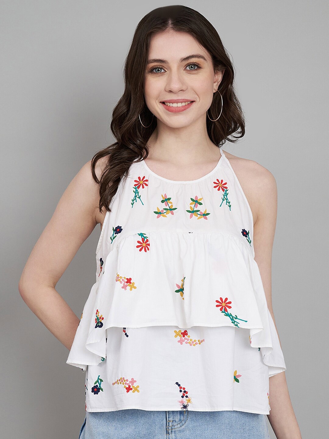 

Amagyaa Floral Printed sleeveless Pure Cotton Layered Top, White