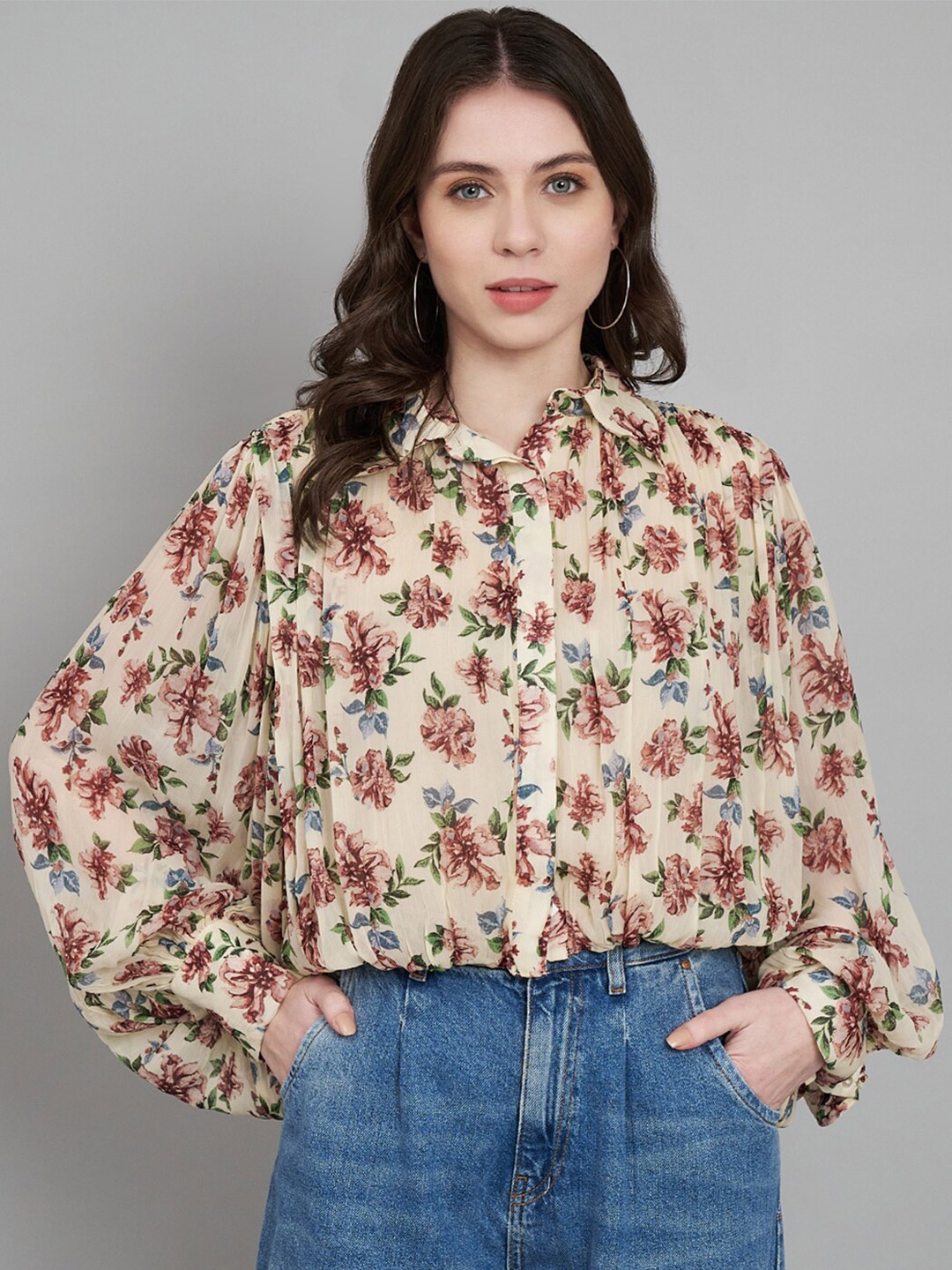 

Amagyaa Floral Printed Puff Sleeve Gathered Shirt Style Top, Cream