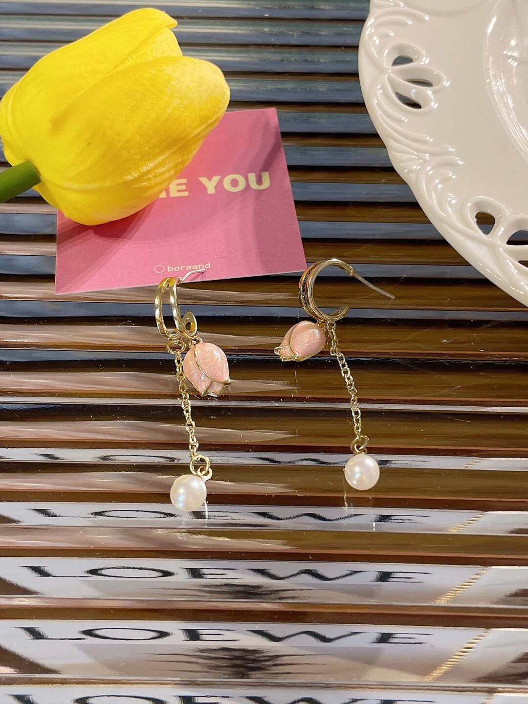 

FIMBUL Gold-Plated Floral Drop Earrings, Pink