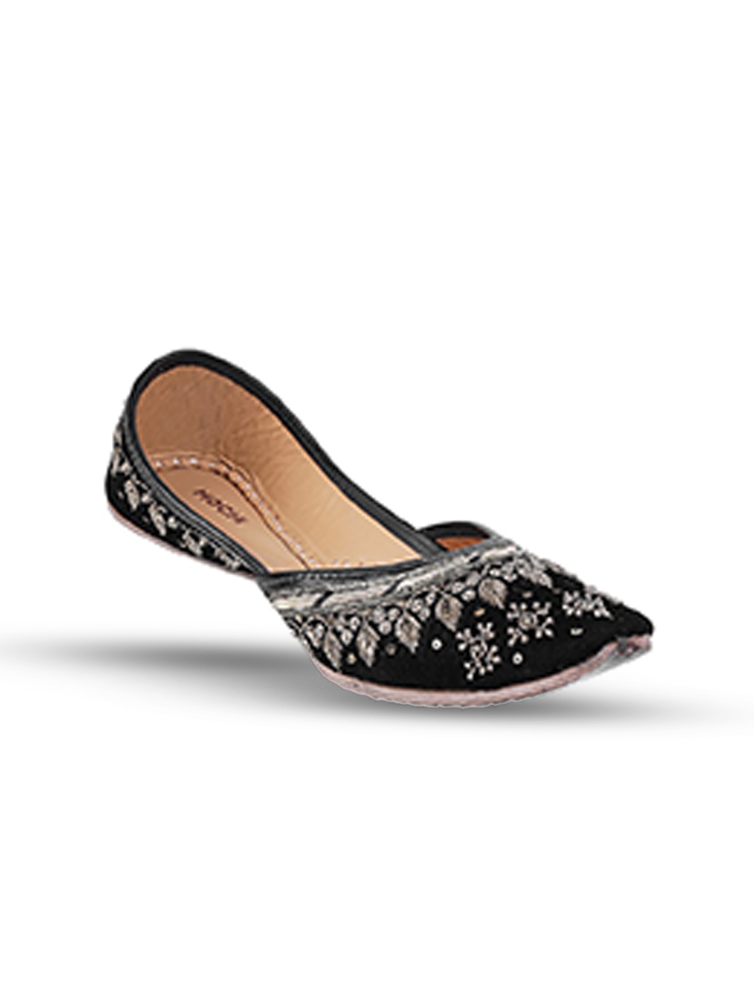 

Mochi Embroidered Slip-On Leather Mojaris, Black