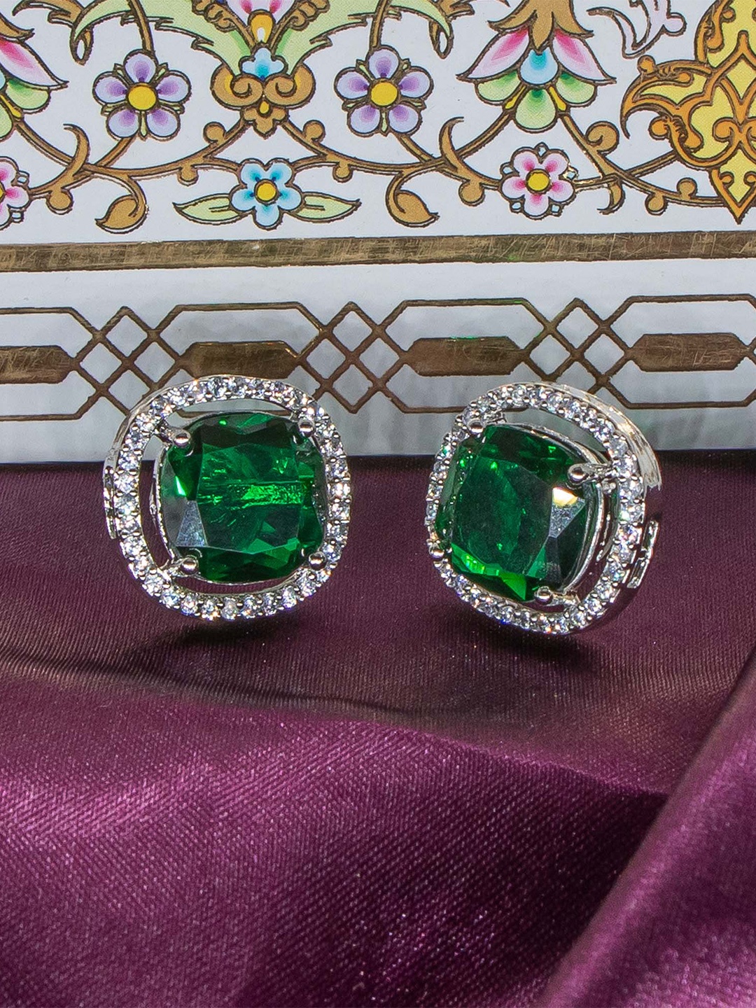 

Manikya Rhodium-Plated American Diamond Studded Square Studs Earrings, Silver