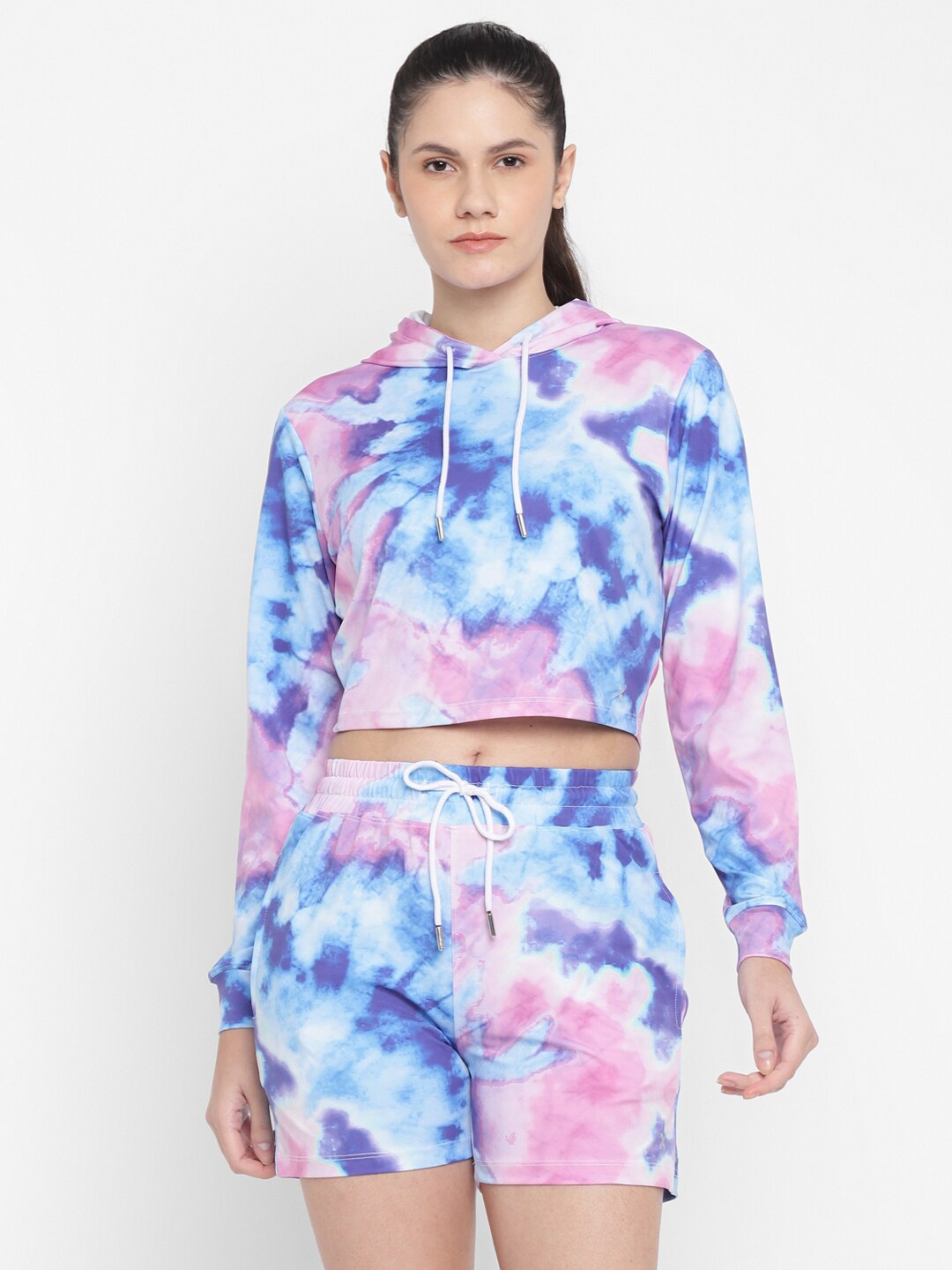 

HRX by Hrithik Roshan Abstract Printed Hooded Crop Sweatshirt With Shorts, Blue