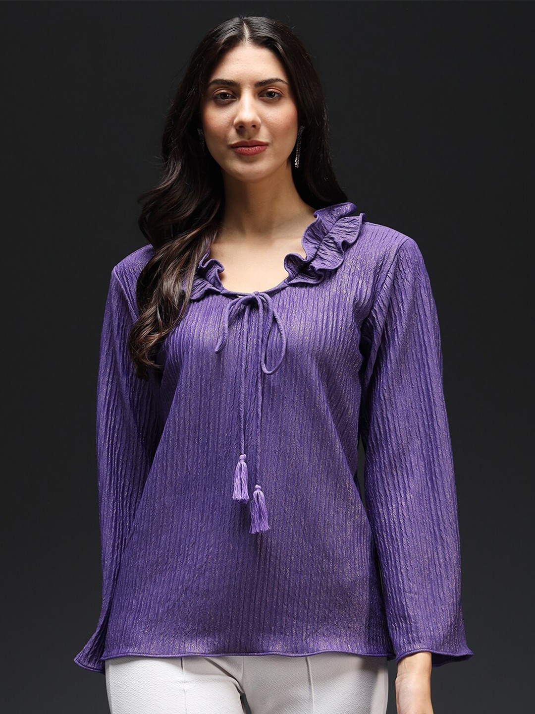 

Kannan Striped Tie-Up Neck Woven Top, Purple