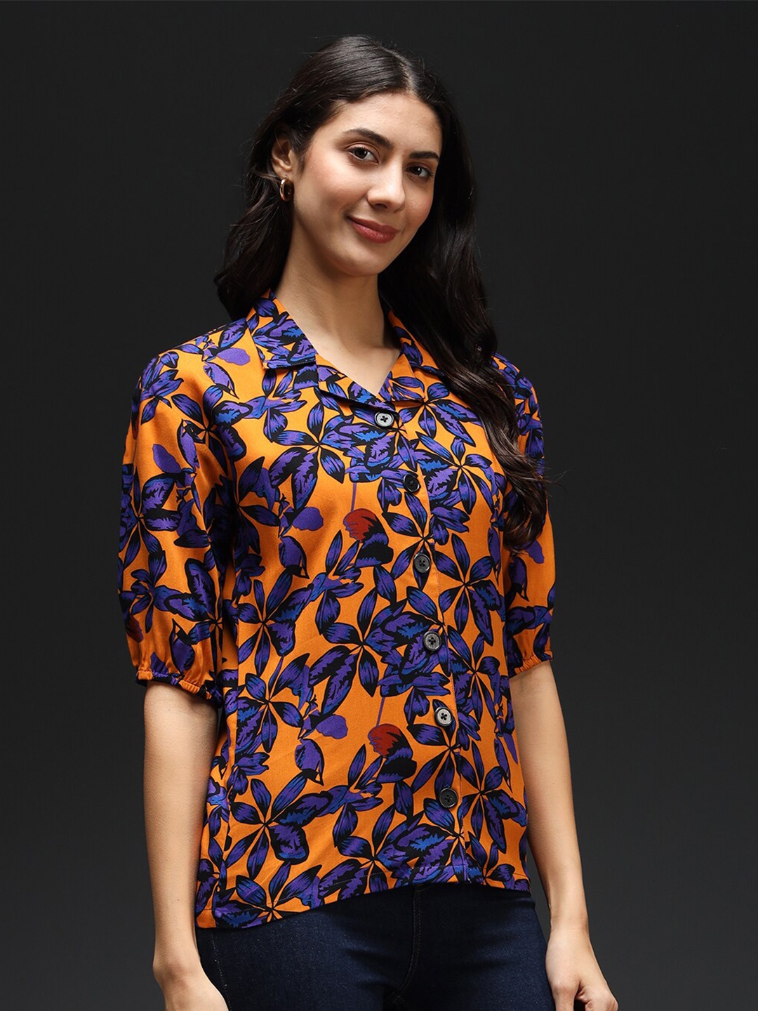 

Kannan Floral Printed Shirt Collar Woven Top, Orange