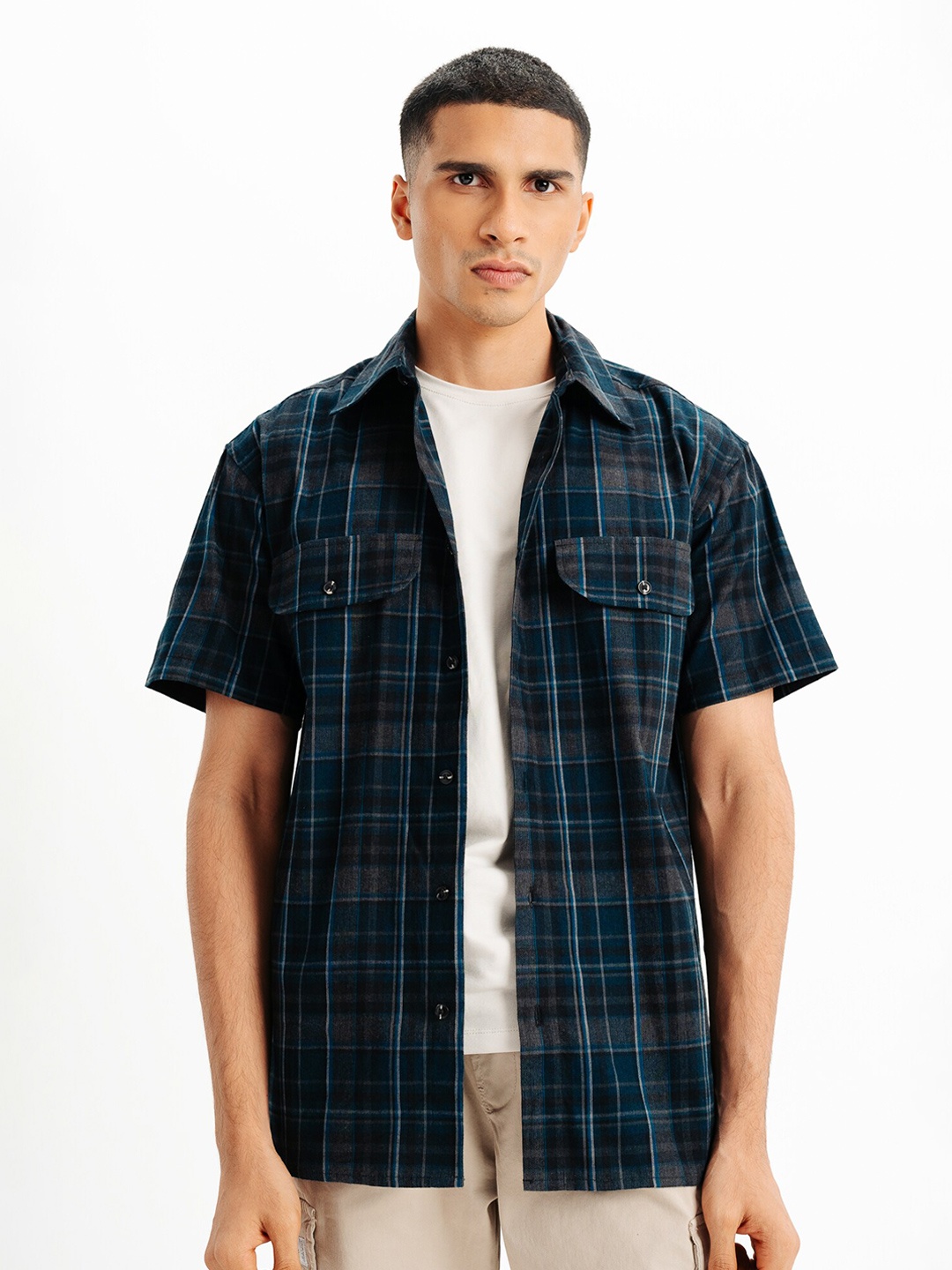 

FREAKINS Spread Collar Blue Opaque Checked Cotton Casual Shirt