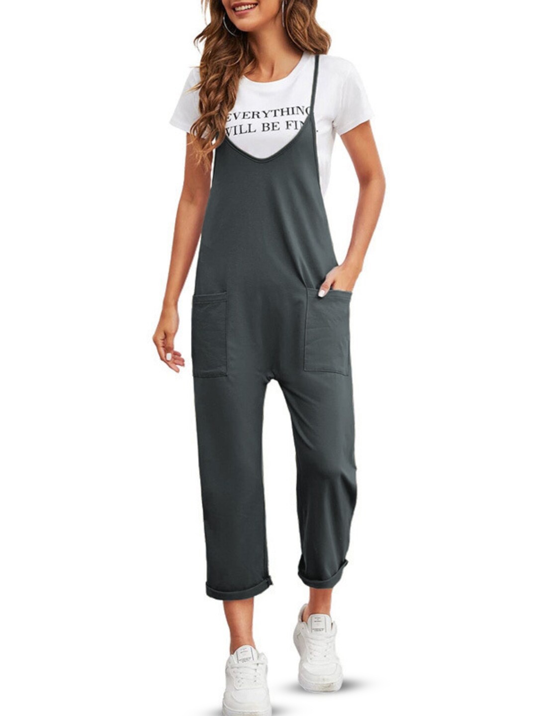 

StyleCast Shoulder Straps Sleeveless Basic Jumpsuit, Grey