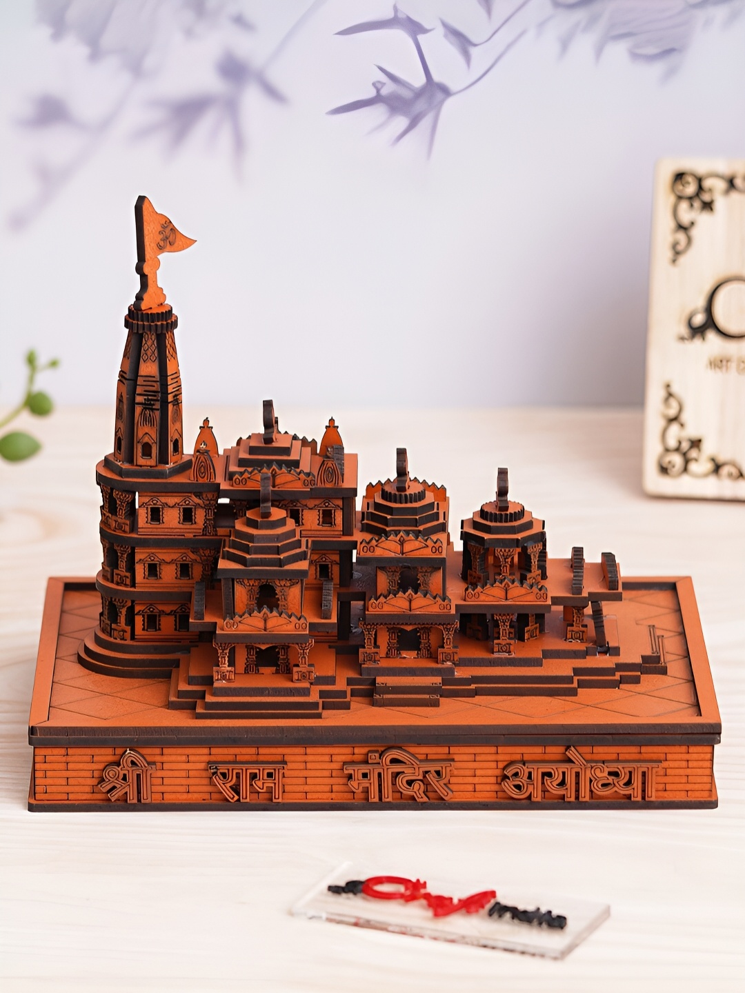 

eCraftIndia Orange Wooden Shri Ram Mandir Ayodhya Model Showpiece