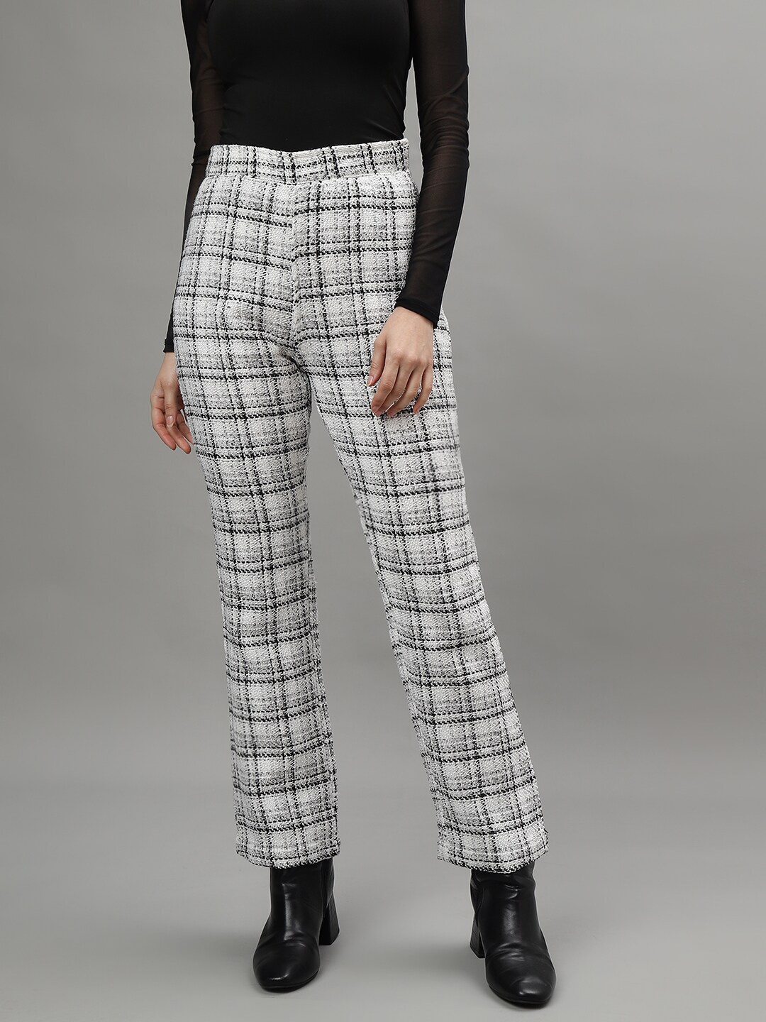 

CENTRESTAGE Women Checked Straight Fit High-Rise Trousers, White
