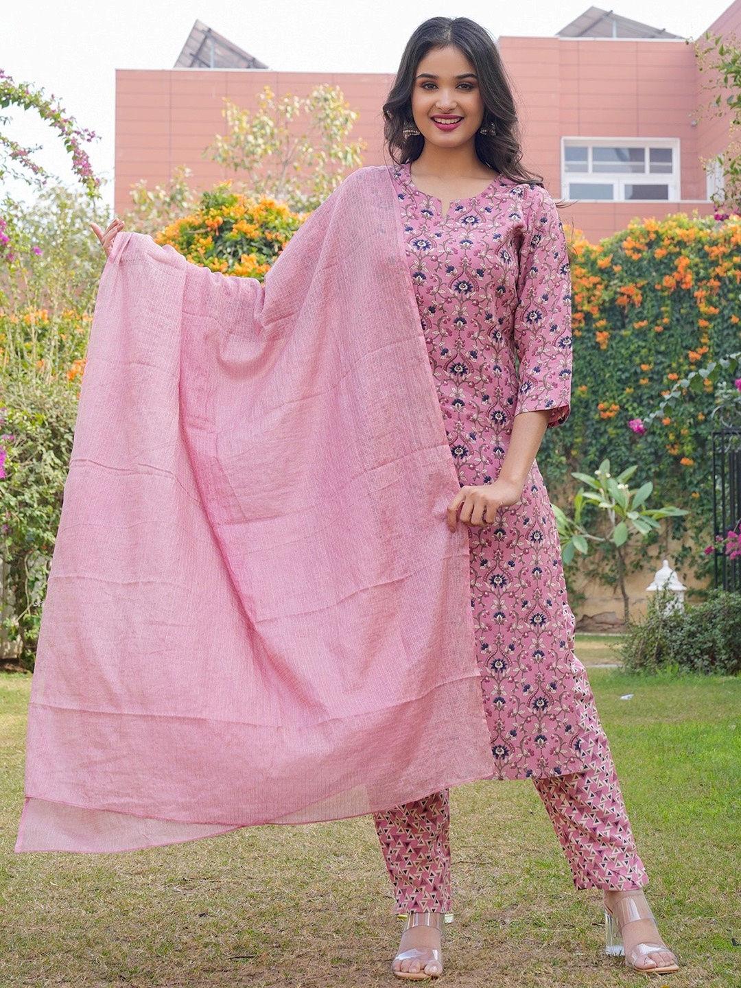 

Vbuyz Floral Printed Regular Notched Neck Kurta with Trousers & Dupatta, Pink