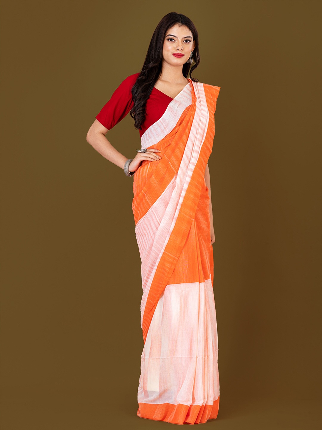 

HOUSE OF ARLI Colourblocked Pure Cotton Saree, Orange