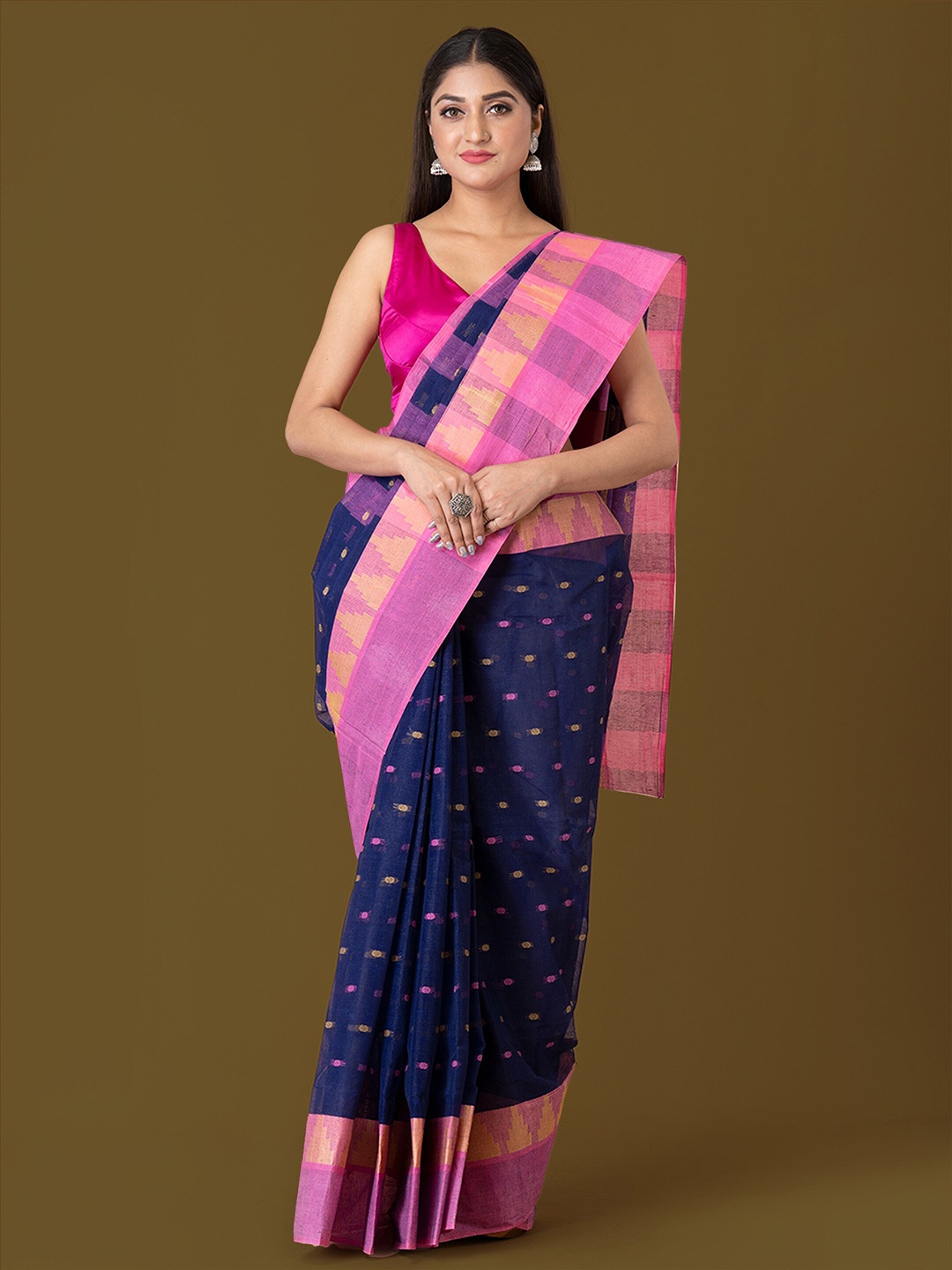

HOUSE OF ARLI Ethnic Woven Design Pure Cotton Taant Saree, Blue