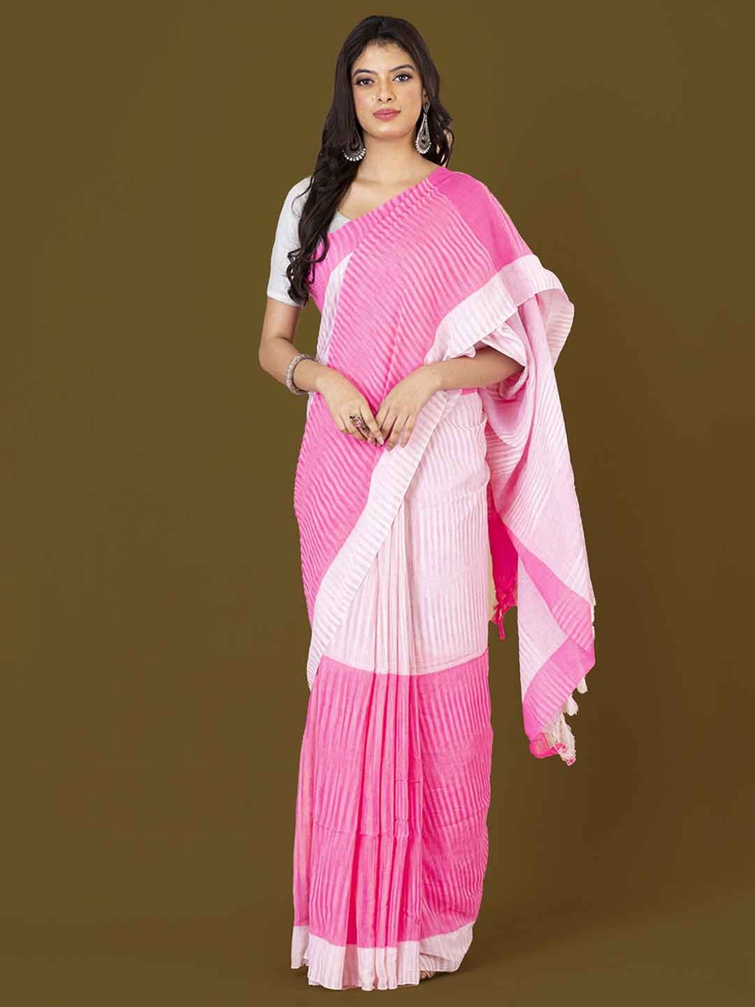 

HOUSE OF ARLI Colourblocked Printed Pure Cotton Saree, Pink