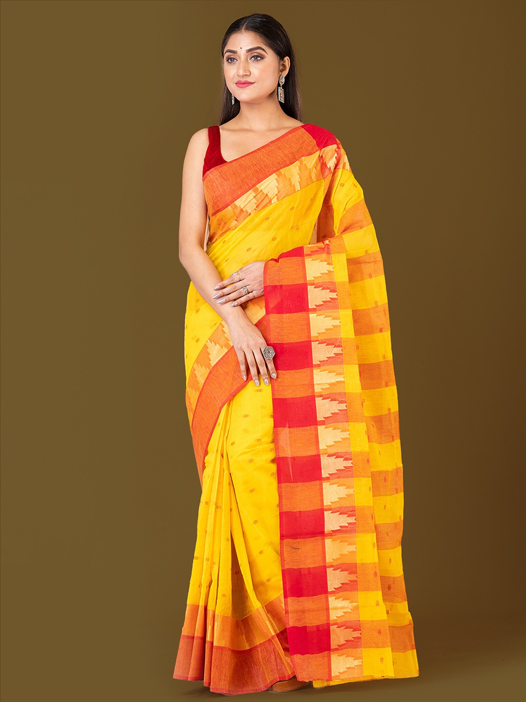 

HOUSE OF ARLI Ethnic Motifs Woven Design Pure Cotton Taant Saree, Yellow