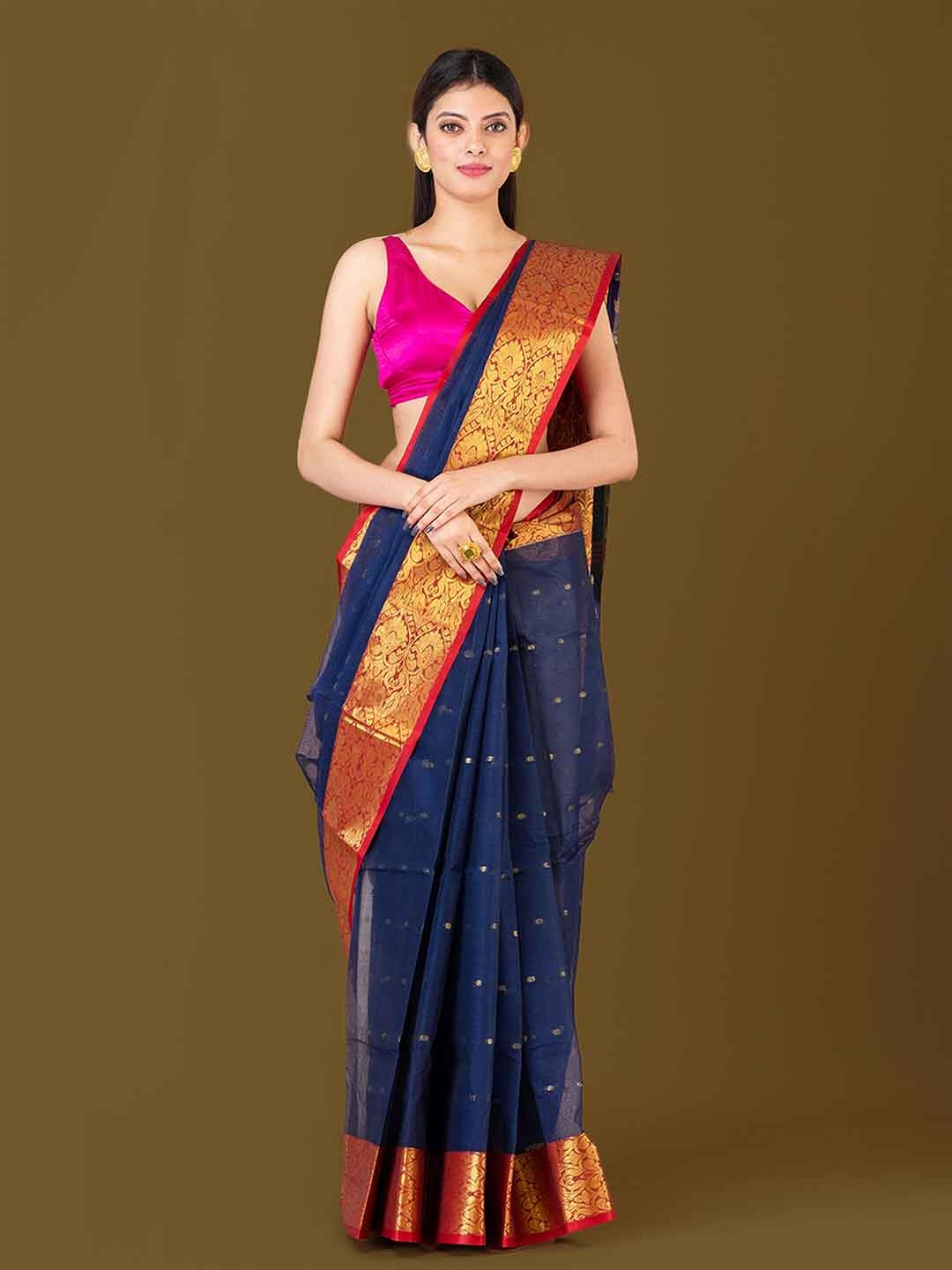 

HOUSE OF ARLI Ethnic Motifs Woven Design Zari Pure Cotton Taant Saree, Blue