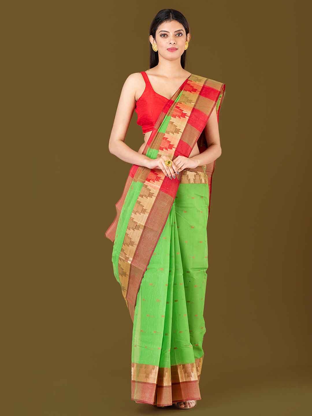 

HOUSE OF ARLI Ethnic Motifs Woven Design Pure Cotton Taant Saree, Green