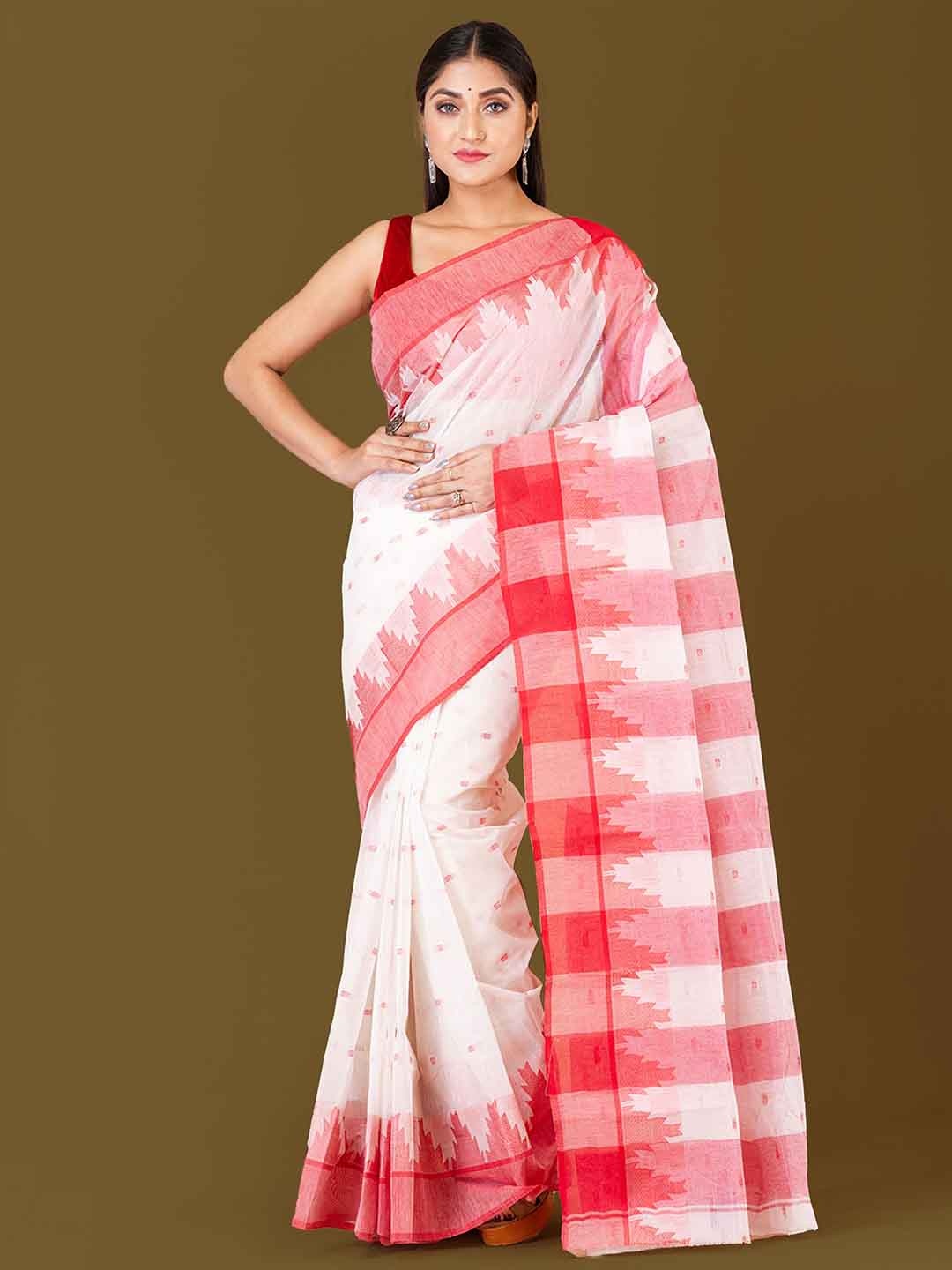 

HOUSE OF ARLI White & Red Woven Design Pure Cotton Taant Saree