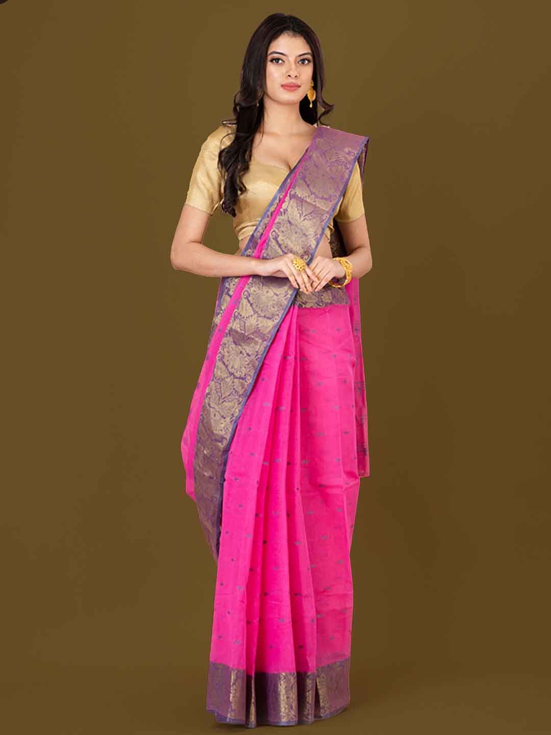 

HOUSE OF ARLI Pink & Purple Woven Design Zari Pure Cotton Taant Saree