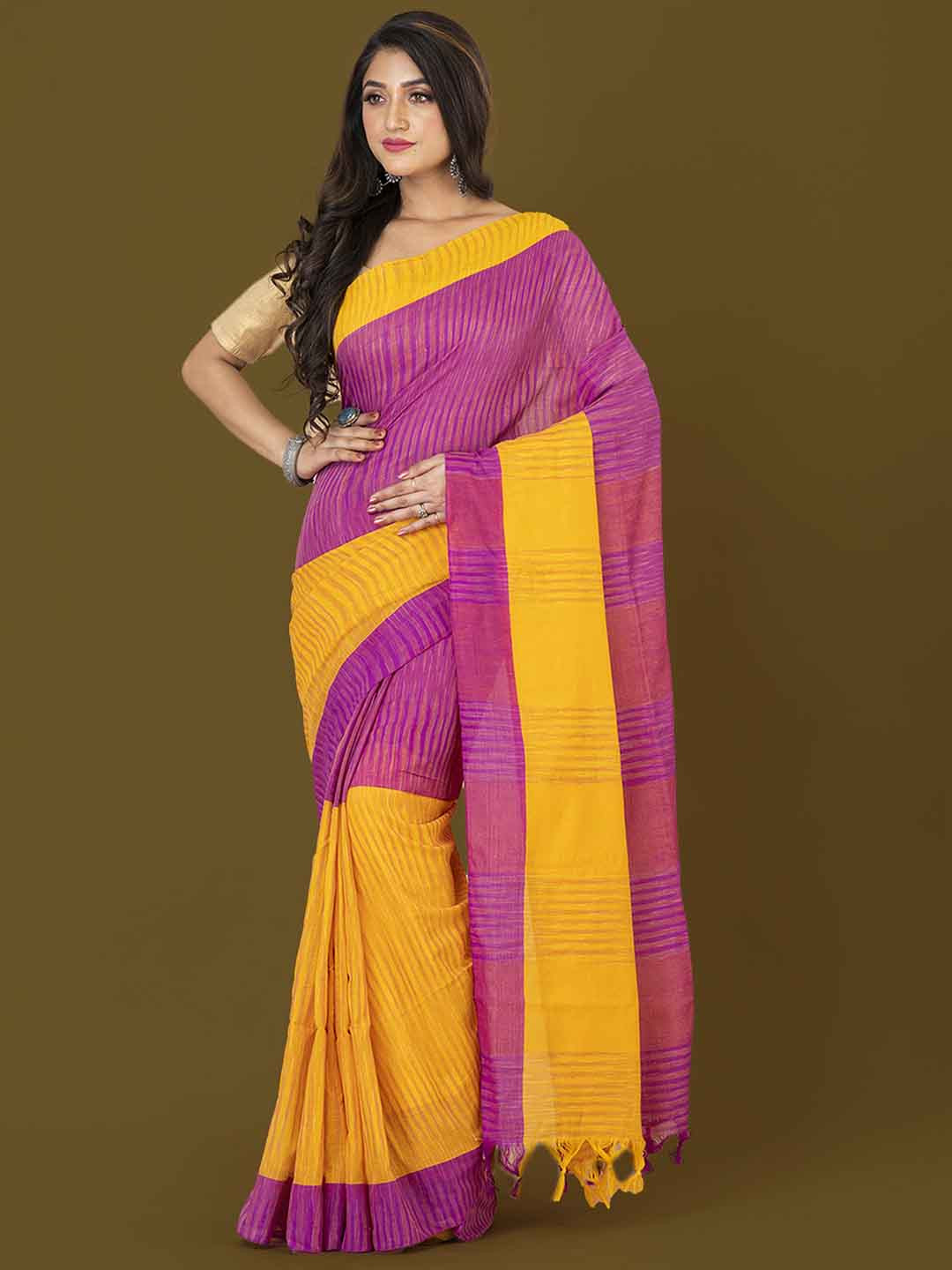 

HOUSE OF ARLI Pink & Yellow Colourblocked Pure Cotton Saree