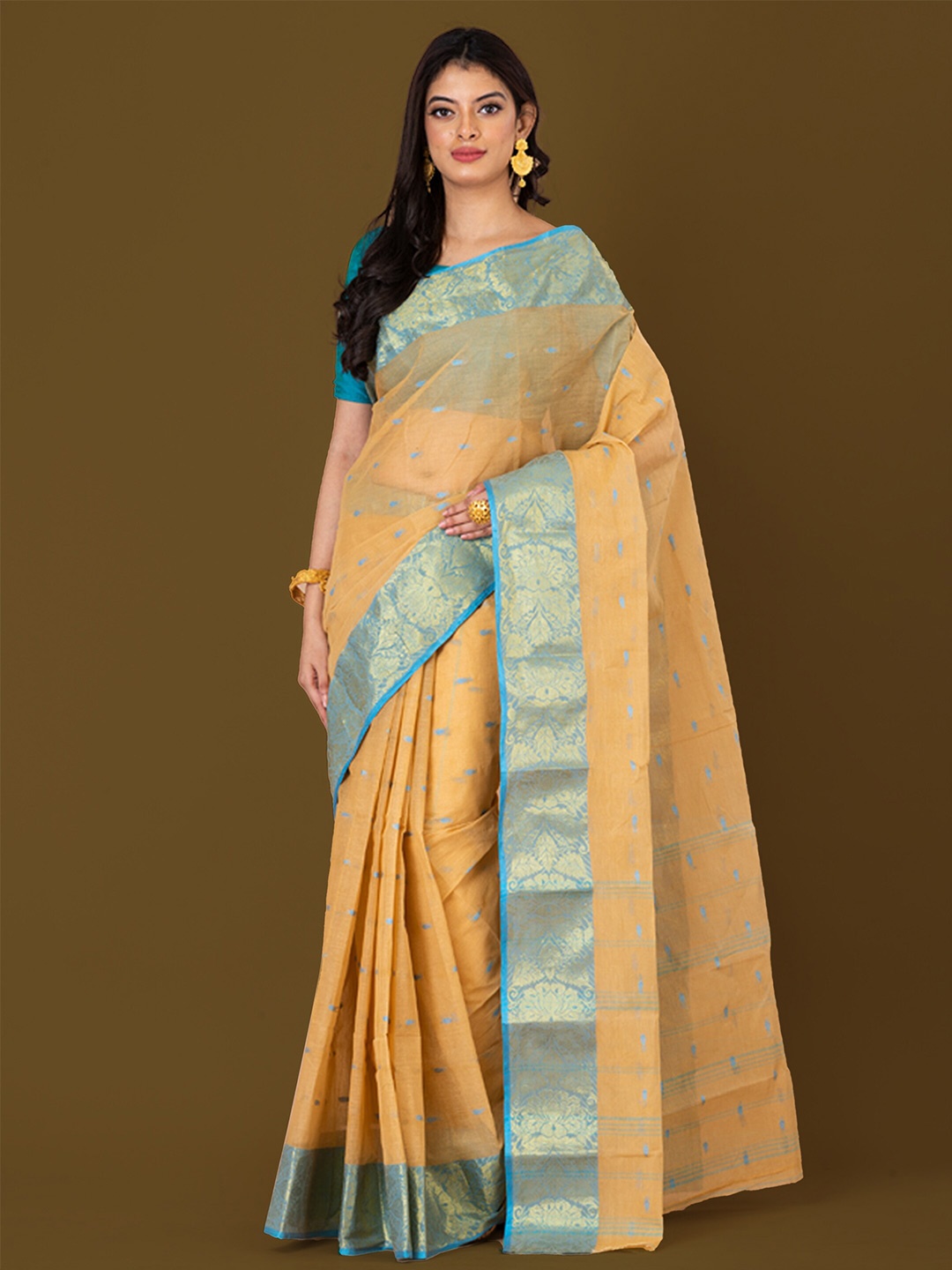 

HOUSE OF ARLI Woven Design Zari Pure Cotton Taant Saree, Beige