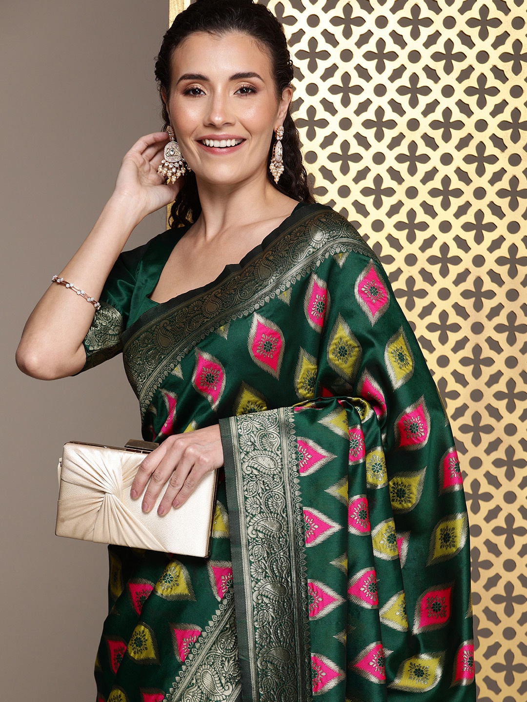 

House of Pataudi Ethnic Motifs Woven Design Zari Saree, Green