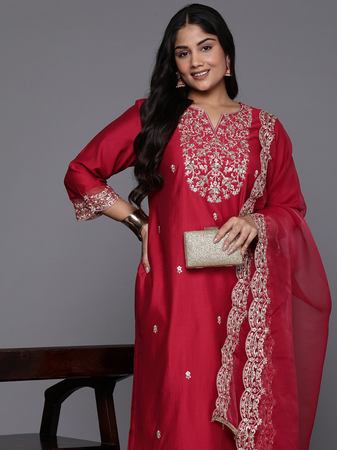

Indo Era Plus Size Ethnic Motifs Embroidered Sequinned Liva Kurta with Trousers & Dupatta, Red