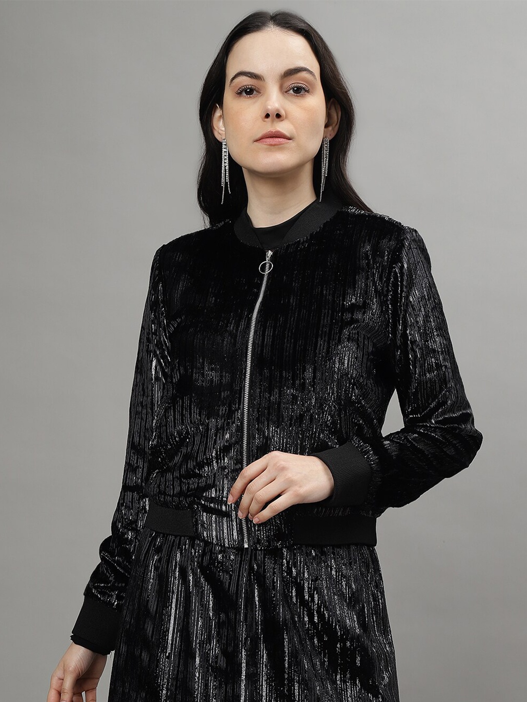 

CENTRESTAGE Self Design Stand Collar Crop Bomber Jacket, Black