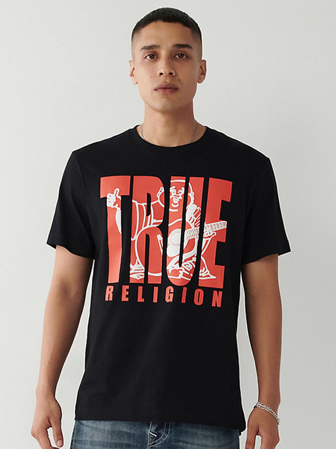 

True Religion Typography Printed Applique Round Neck Short Sleeves Casual T-shirt, Blue