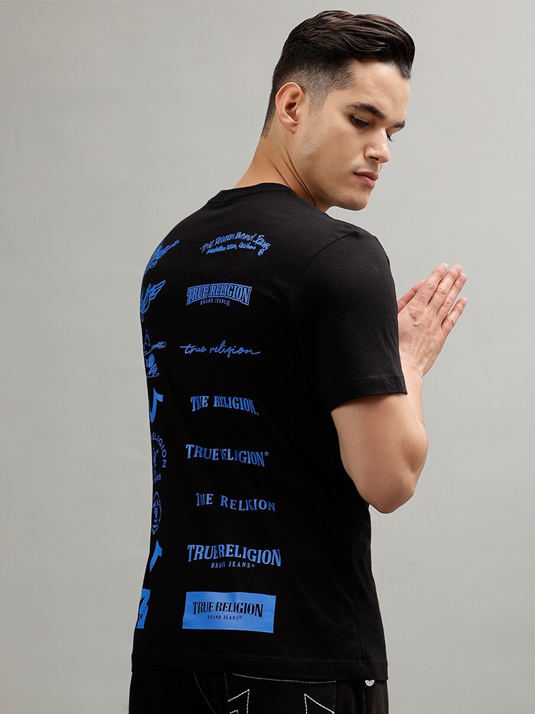 

True Religion Typography Printed Applique Round Neck Applique Slim Fit Casual T-shirt, Black