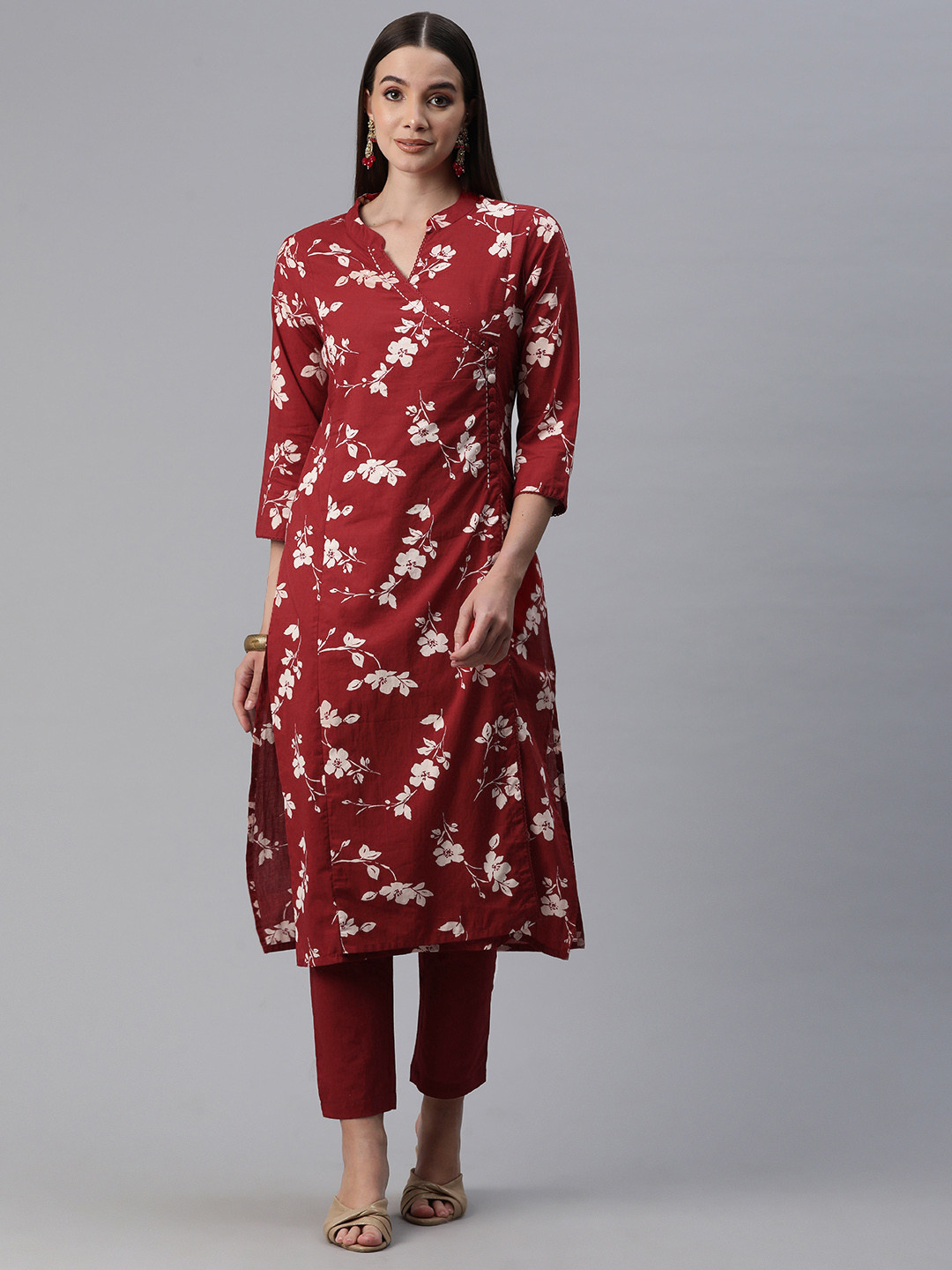 

Readiprint Women Floral Printed Angrakha Sequinned Pure Cotton Kurta with Trousers, Maroon