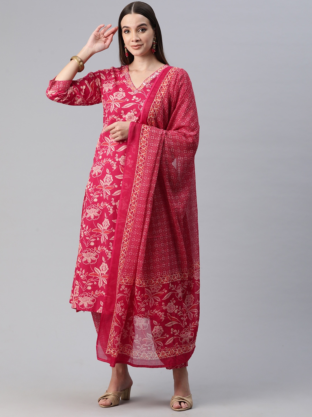 

Readiprint Floral Printed Thread Work Pure Cotton Kurta Set, Pink