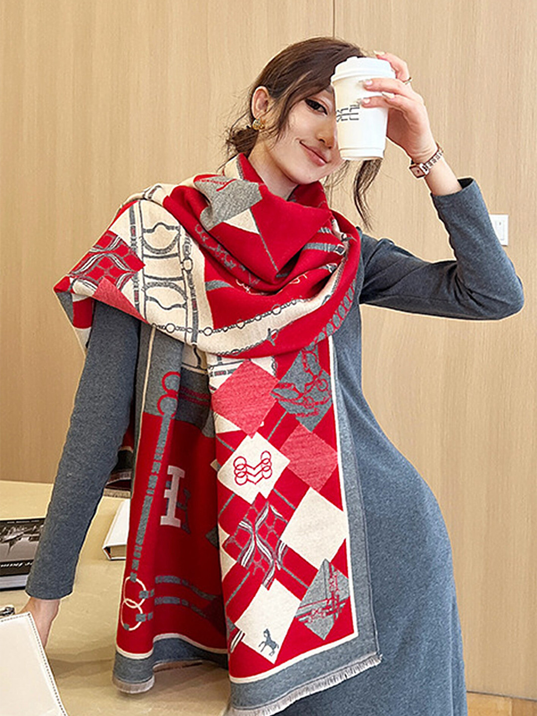 

LULU & SKY Women Geometric Printed Scarf, Red