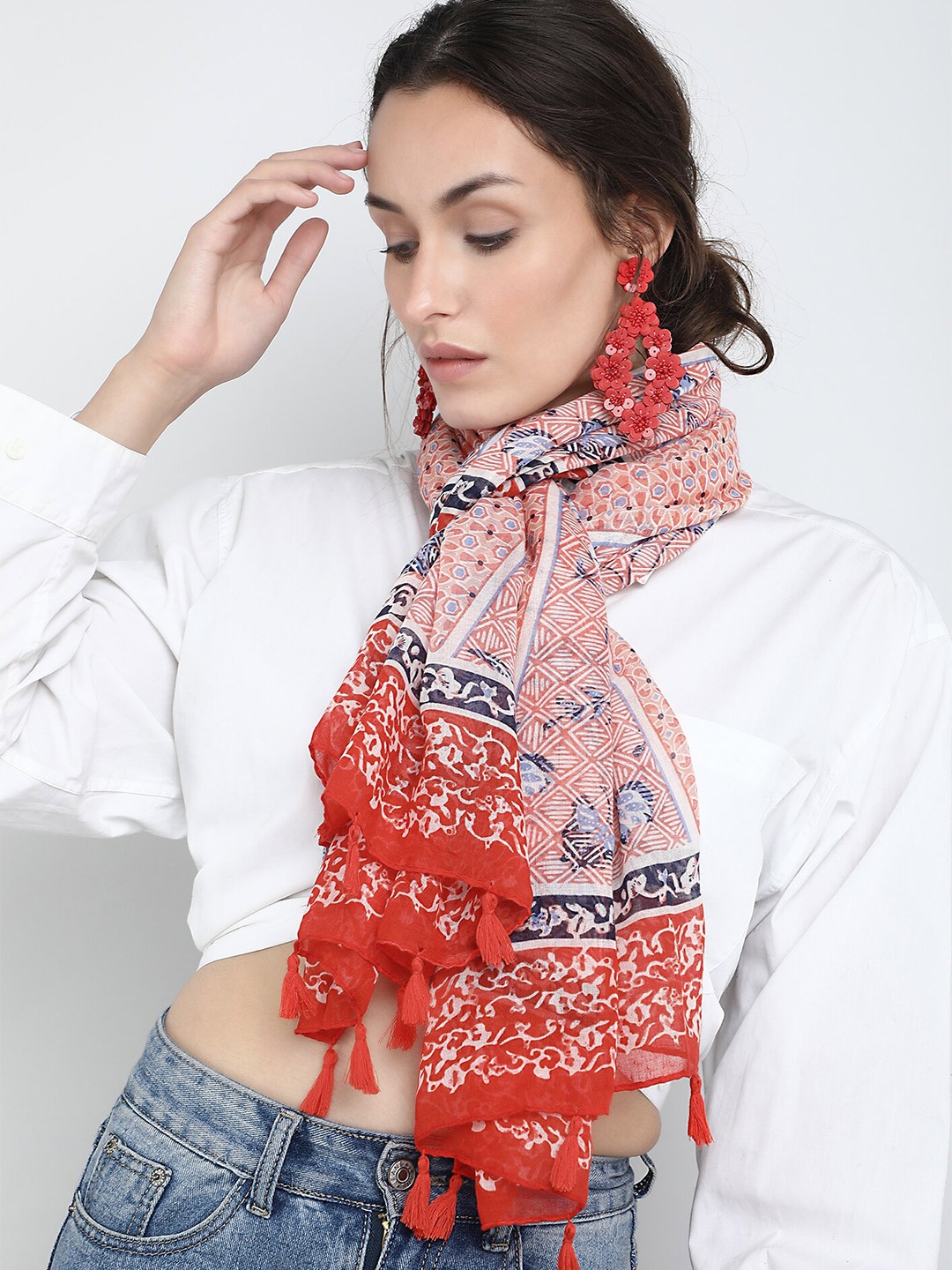 

LULU & SKY Floral Printed Tasselled Scarf, Red