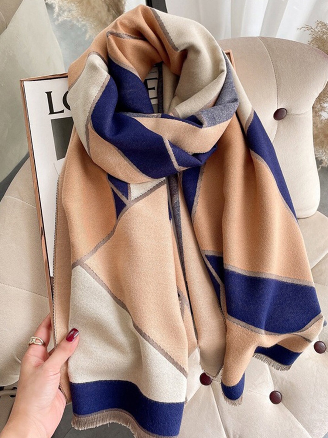 

LULU & SKY Women Colourblocked Pure Acrylic Scarf, Navy blue