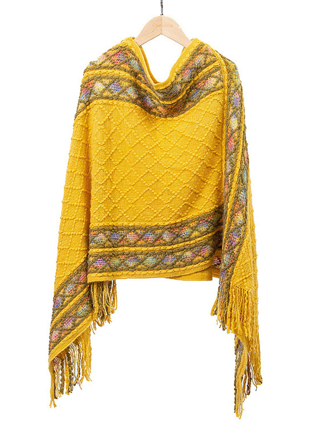 

LULU & SKY Geometric Self Design Tasselled Poncho Sweater, Yellow