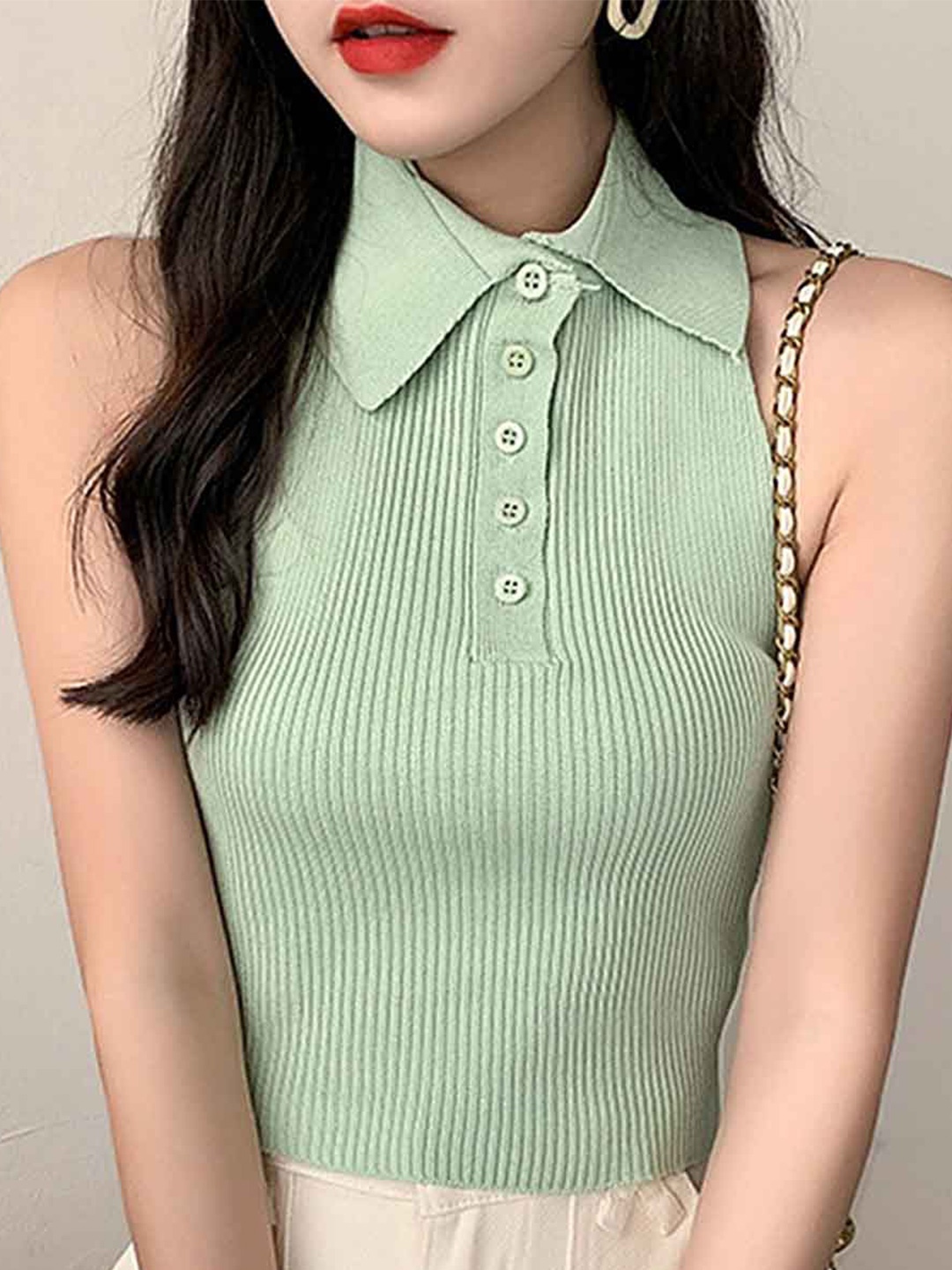 

LULU & SKY Ribbed Shirt Collar Fitted Crop Top, Green