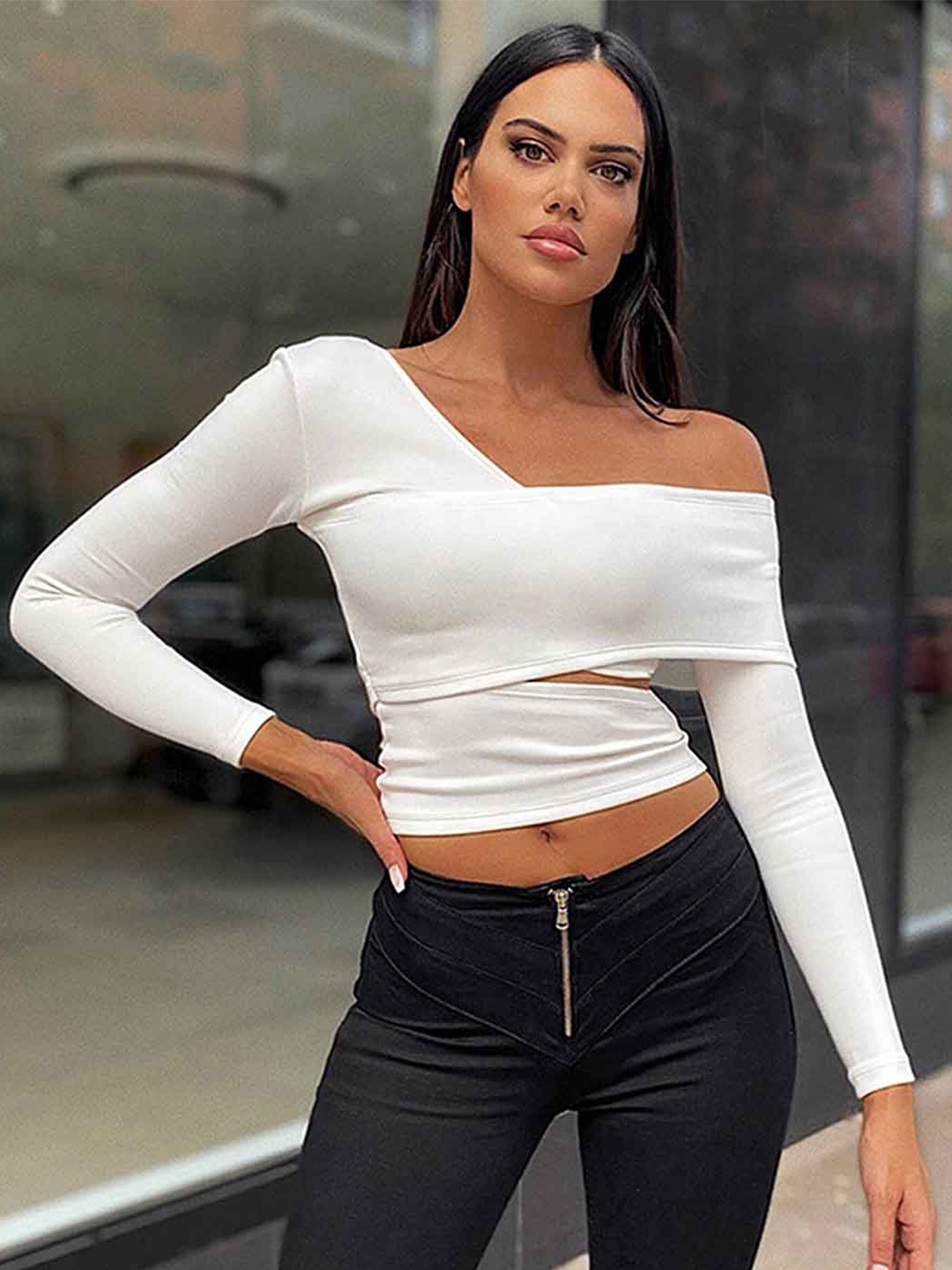 

LULU & SKY Slanted Neck Cut-out Slim Crop Top, White